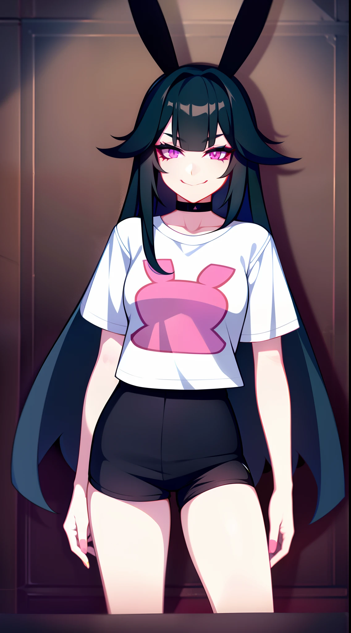 young girl, long dark blue hair, bunny ears, pink eyes, black lipstick, black eye shadow, smirk, tshirt, Short shorts, Masterpiece, hiquality, 4k, HD, Good detail