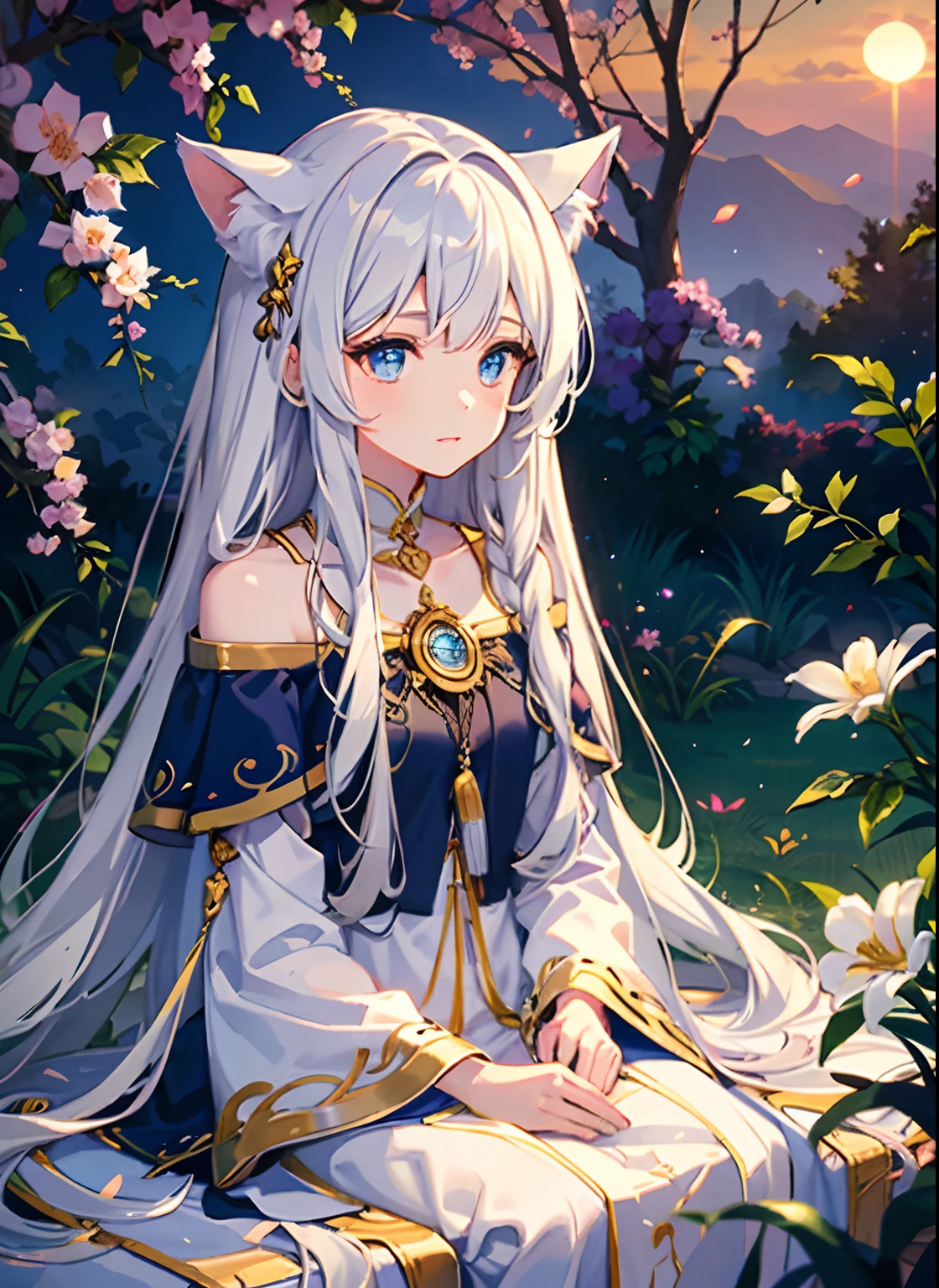 (Best quality,4K,8K,A high resolution,Masterpiece:1.2),Ultra-detailed,Portrait,Cat-eared priestess,Girl with long white hair and blue eyes,Pray in the sacred garden,Divine light,Soft glowing atmosphere,tranquil ambiance,Serene expression,Ethereal beauty,Sun-drenched flowers,corolla,bible,Tranquility,Subtle color palette,Sunset tones.