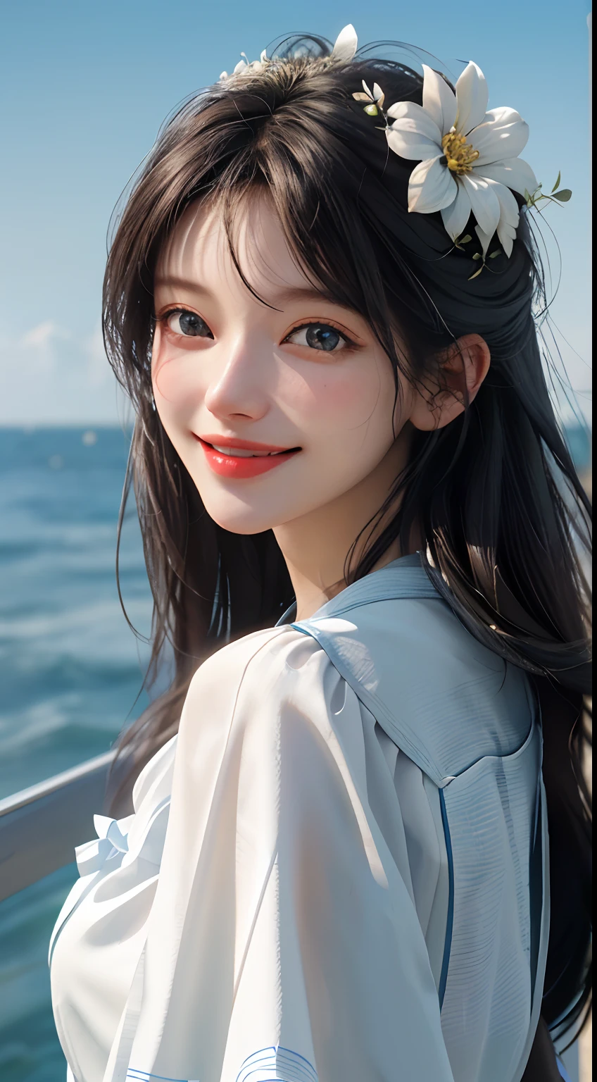 A cute girl,Fresh and natural,Smiling like a flower,Red lips and white teeth,Innocent,Charming eyes,telephoto lenses,Shot in the early afternoon,Color film,GAN technology is adopted,Unity engine,k hd,Hyper-Resolution,accuracy,detail render,(Delicate facial portrayal)(Fine hair portrayal)(highest quality)(Master masterpieces)(High degree of completion)(a sense of atmosphere)tmasterpiece,ultra - detailed (half-body portrait)