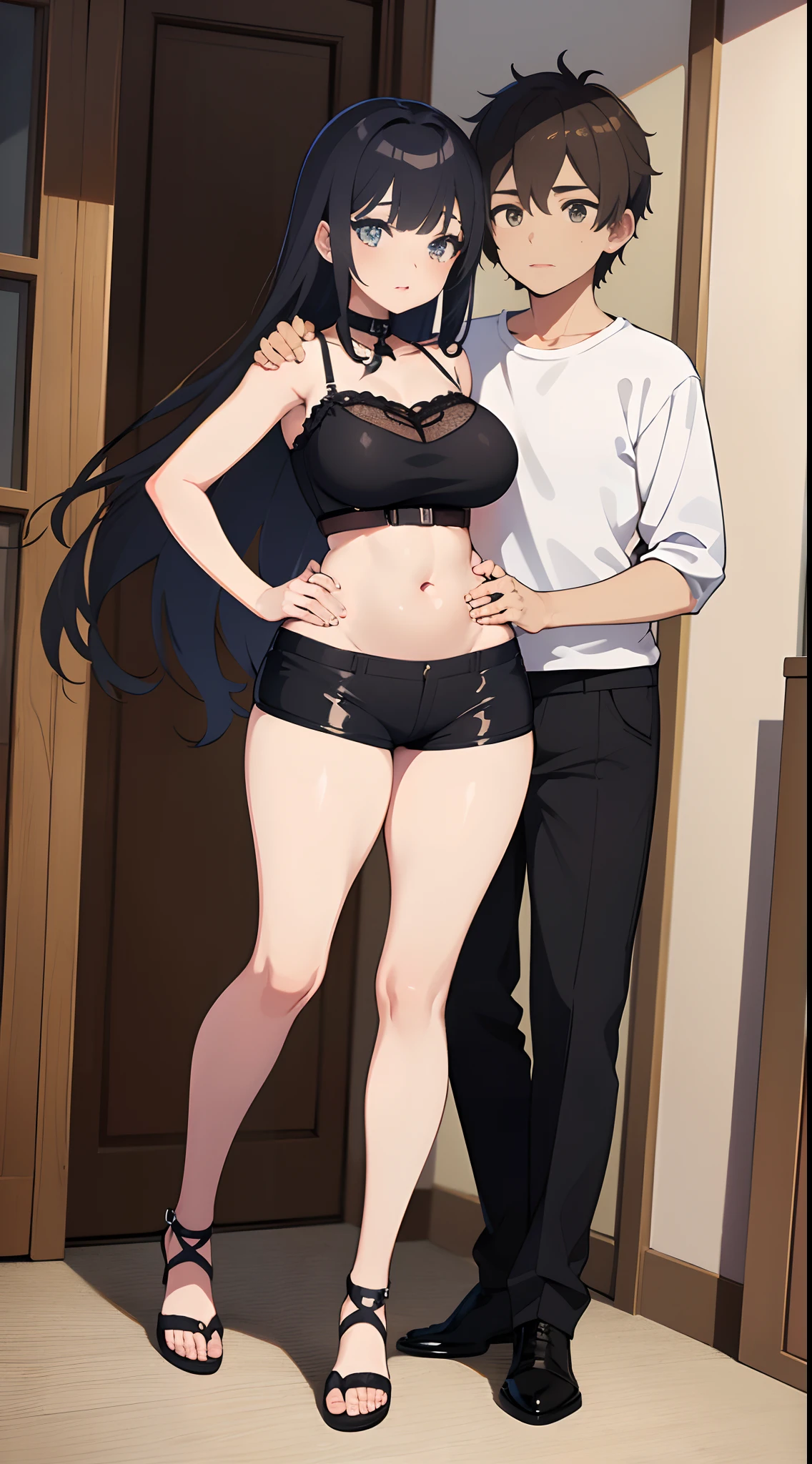 (there is a woman and a boy Stand standing side by side :2,0), a picture by Shingei, pixiv, shin hanga, hi - res scan, hi-res scan, at pixiv, in manhwa style,Hugging his girlfriend, sweet couple, official art, made with anime painter studio, in an anime style, 8k!!,(anime style),(a young girl with a young boy),(sweet face),(13 year old girl and boy),(cute face),(smiley face),(full body shot),( and shota),(child couple in casual outfit),(junior high school student),((a girl with of-the-shoulder top with lingerie top with hot pants:2,0)),((a boy with cool outfit)),((a girls with gal outfit)),((a girl with huge breast and curvy thigh and Curvy ass)),((small curvy loli1-boy,1-girl),(curvy body)