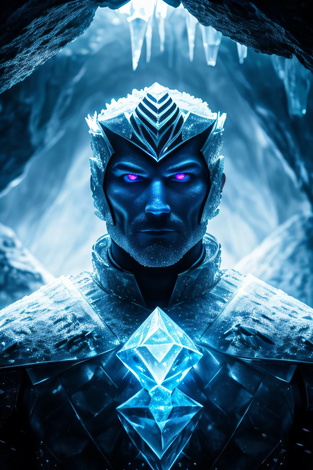 A man body wearing armor made of ice, looking forward with a serious and evil expression. The scene is set inside an ice cave, with the focus on the character's face. The lighting is inspired by a cinematic photo, with dramatic illumination. The color tone is cool and icy, reflecting the theme of the cave.