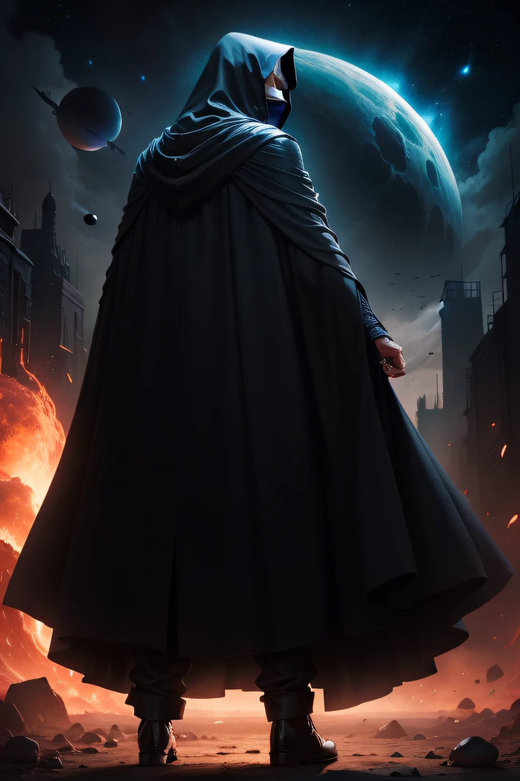 A man in a black cloak with his back against the background of planets