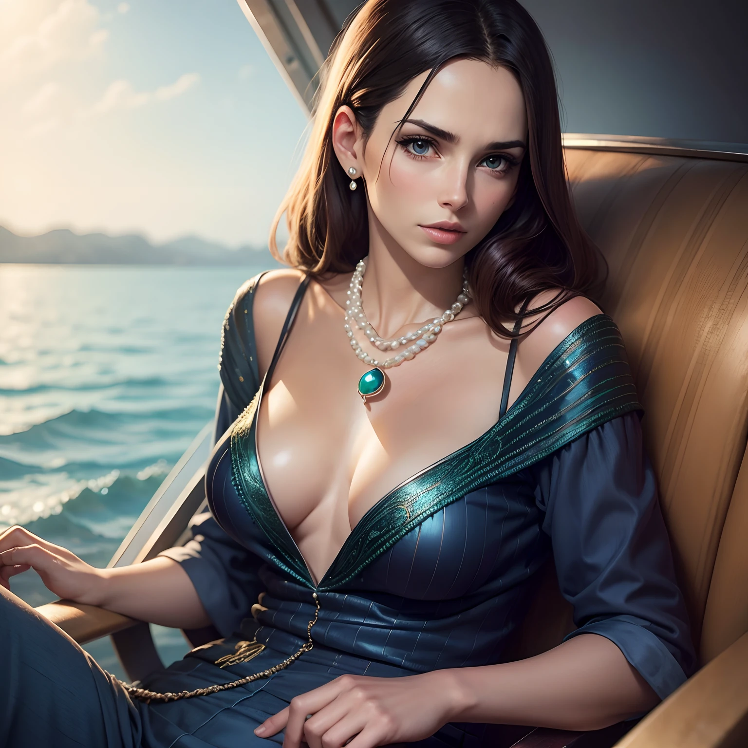 photo realistic woman　peacock　planetes　Pearl Necklace