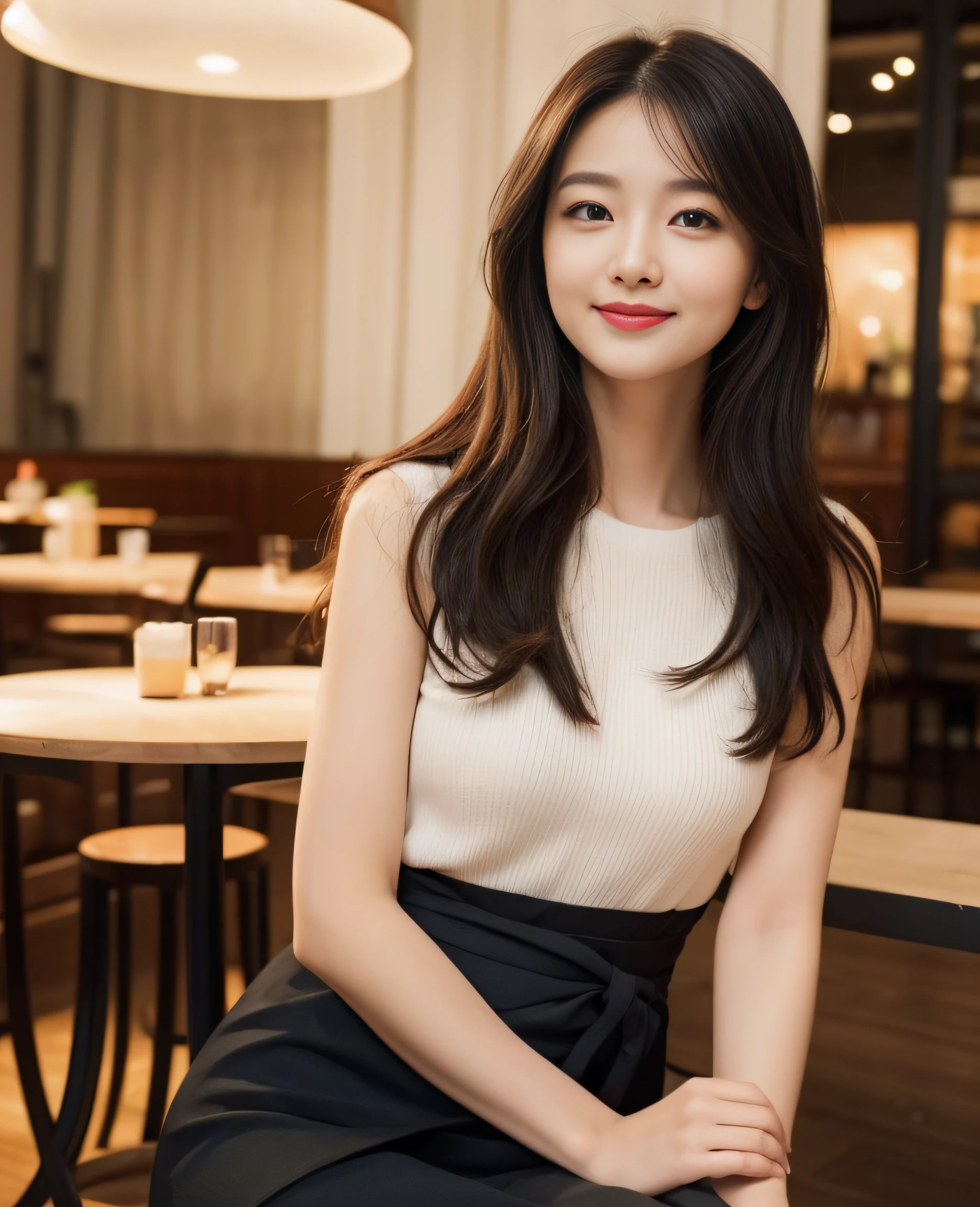 ((Top quality, 8K, Masterpiece: 1.3)), Beautiful girl, Pure, Melon face, Kind and cute, Sweet smile, Pure desire, Slender body, (Front), (Tilted head), ((Looking at camera) ), wearing a wine indigo suit and short skirt, black silky long hair, long shoulders, round black big eyes, clear big eyes, moist red lips, sweet, sitting on a chair, in a cafe Background, (((waist shot))),