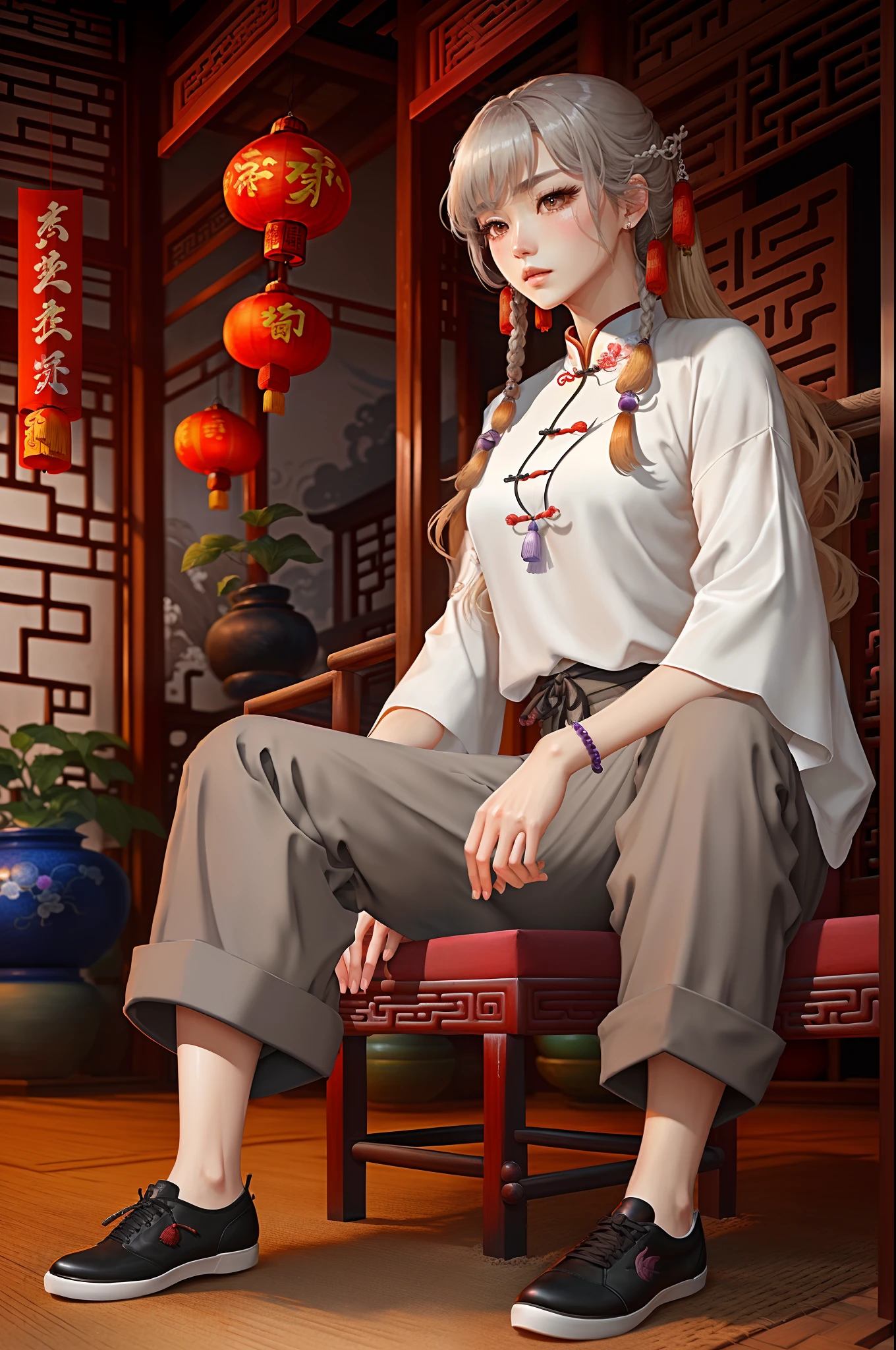 (Masterpiece) (illustration) King sit in the chair (1 man, tall height, (royal outfitstylish top, gray harem pants, gold purple shoes), (white skin), sandy blond hair、neck-length hair、soft bangs (sharp goldish eyes) blond eye lashes (eyes hold the courage and strength), (detailed background)、(Chinese house)、indoor, (detailed hair)、(detailed hands)、(detailed fingers), Donghuan art