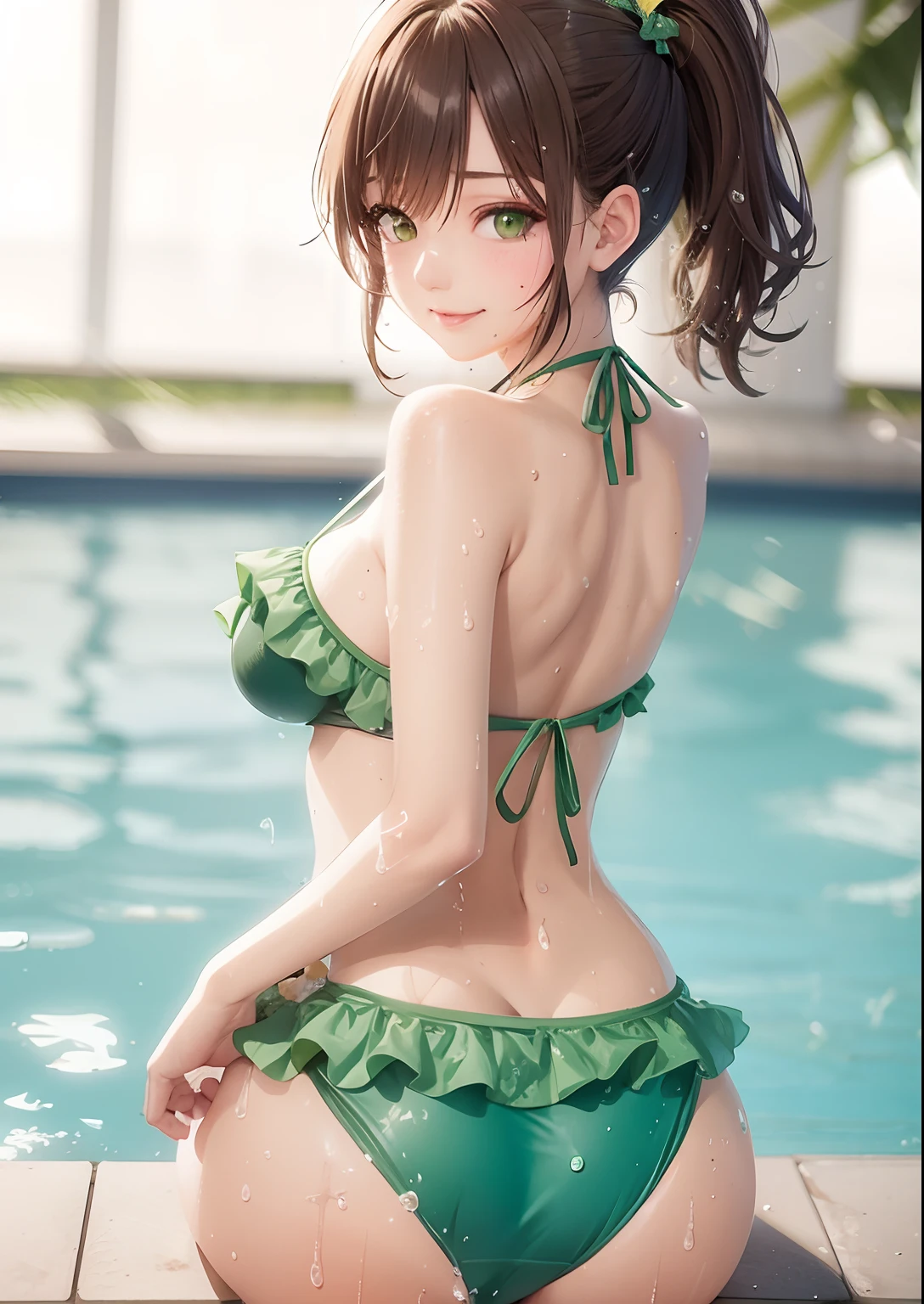 Anime girl in green bikini sitting on the edge of a pool, green bikini, Realistic bikini, green swimsuit, menina anime sedutora, menina anime atraente, menina anime bonita, Cute bikini, lindo anime sedutor adolescente, menina anime bonito, Makoto, mulher bonita sedutora do anime, wet swimsuit, roupa de banho, is wearing a swimsuit, Makoto Shinka, Guweiz