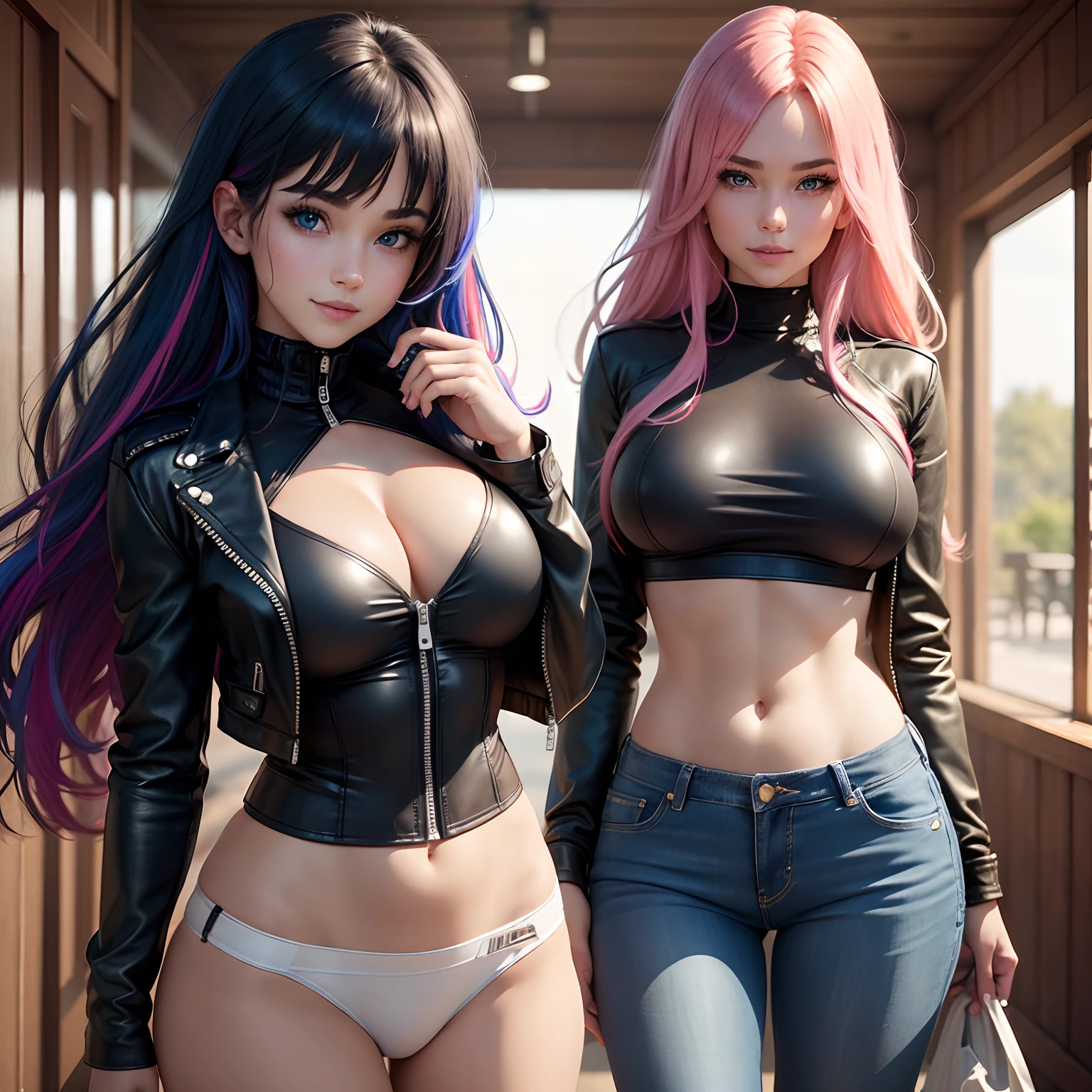 girl with,a smile,I'm wearing a leather jacket over my swimsuit.,Young girl,beautiful a girl,multicolored hair,huge tit,top-quality,超A high resolution,hyperdetailed face,super-detaild skin,blue eyess,Excellent style,Perfect facial features,girl,leather pant、jeans,