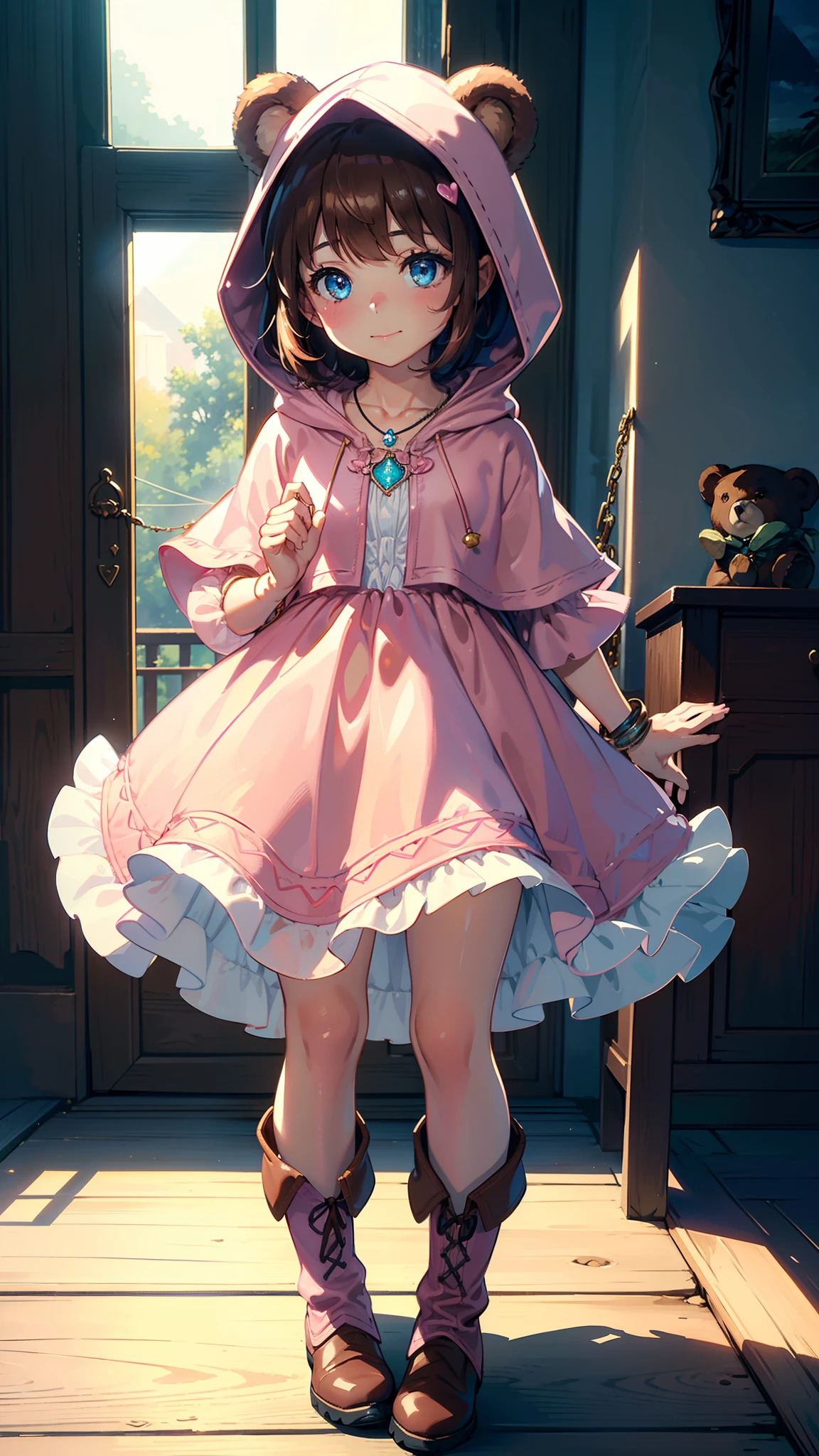 masterpiece, ultra detailed, 8K Portrait, Raw photo, a portrait photo of, Highly detailed face, beautiful and meticulous eyes, ((Fantasy)), 7 year old girl, Light brown short hair, Kind face, Cute smile, adventurer, (((Little bear child ear attached Hooded))) (((Pink-brown silk long-caped))) Fluttering in the wind, ((Leather boots)), (((pink Heart necklace))), one side blue earring, ((one side blue jewel bracelet)), Hold a Maple Syrup Bottle, Midday Sun, Hyper realistic, in a castle, Ambient lighting, Shadow details , strong breeze, Light fog