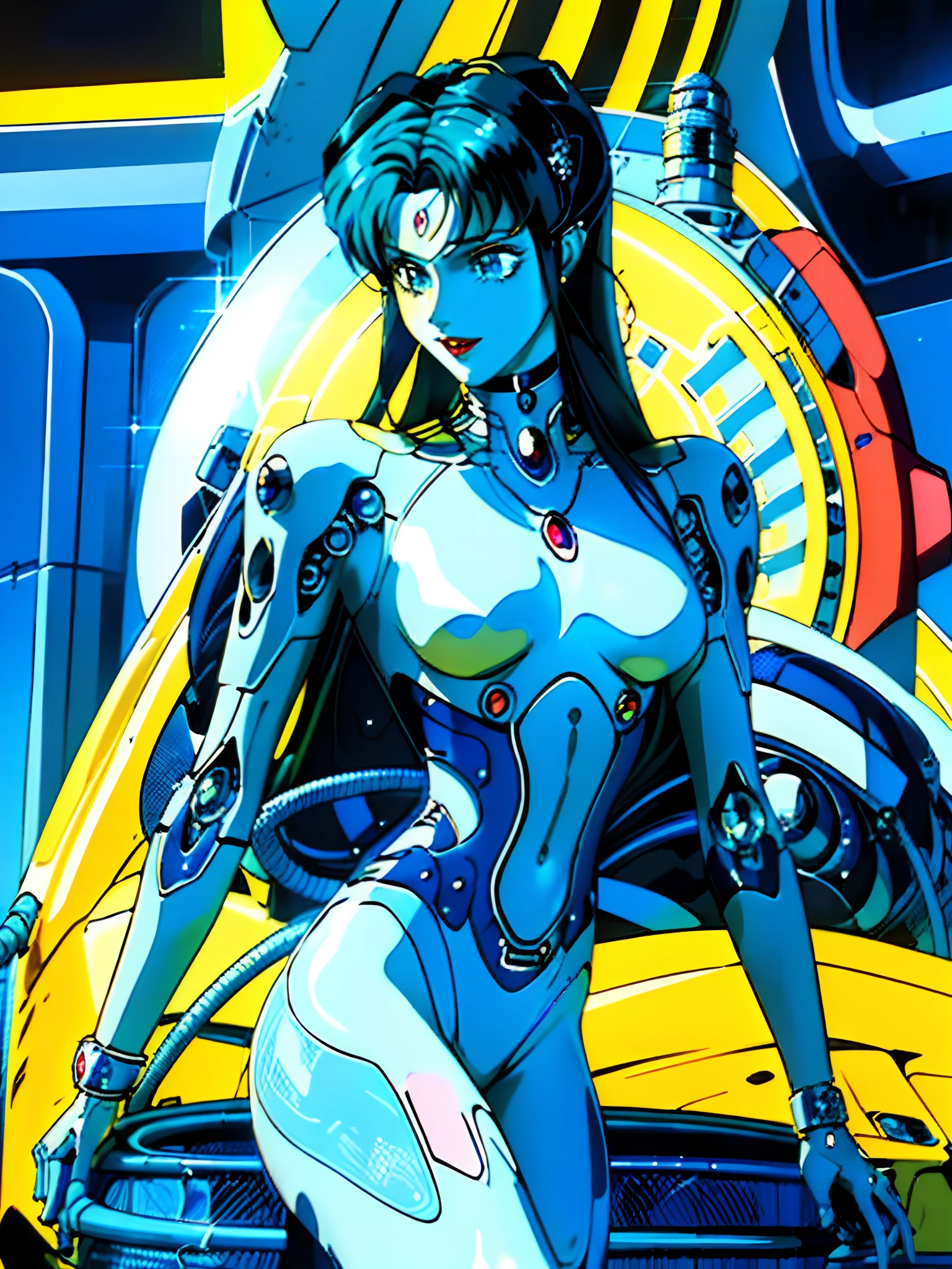 (elegant robotic) woman, (masterpiece), intricate details, retro, ((1999s anime)), ((best quality)), (bright colorful future city at night), (colorful cables) (cybernetic parts) iridescent [holographic metal body], tiger parts accessory, iridescent metal, (diamond minimalist) jewelry, (red lips), laser, thin, extremely detailed, covered, dynamic pose