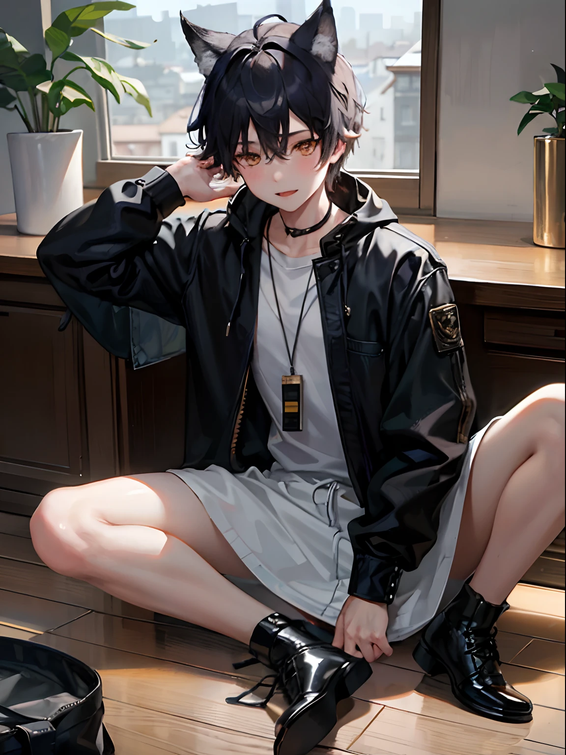 1boy, toned, wolf ears sitting, pee on floor pee on clothes