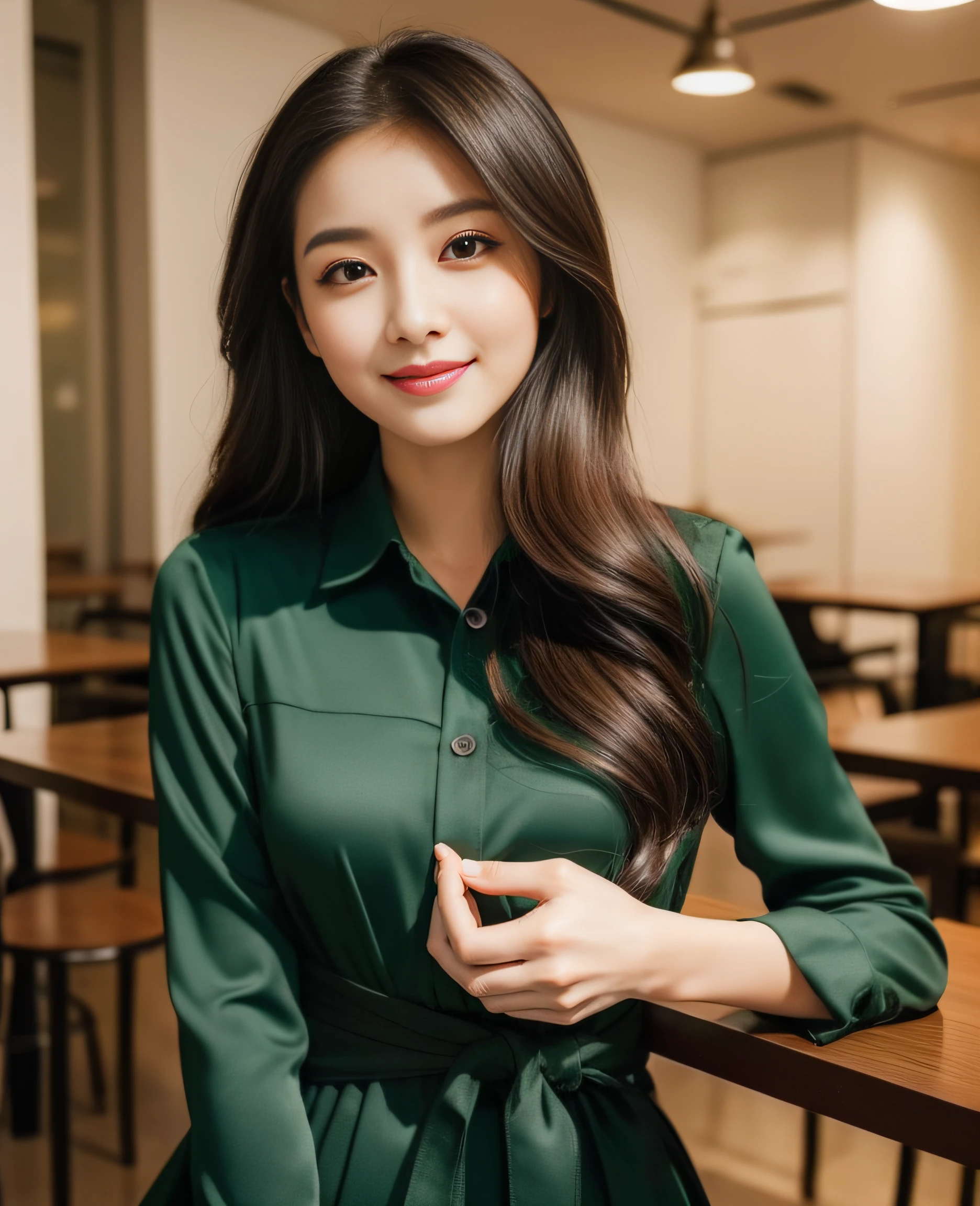 ((Top quality, 8K, Masterpiece: 1.3)), Beautiful girl, Pure, Melon face, Kind and cute, Sweet smile, Pure desire, Slender body, (Front), (Tilted head), ((Looking at camera)), wearing a green colored suit, black silky long hair, long flowing shoulders, round black big eyes, clear big eyes, moist red lips, sweet, sitting on a chair, cafe background ,(((waist shot))),,