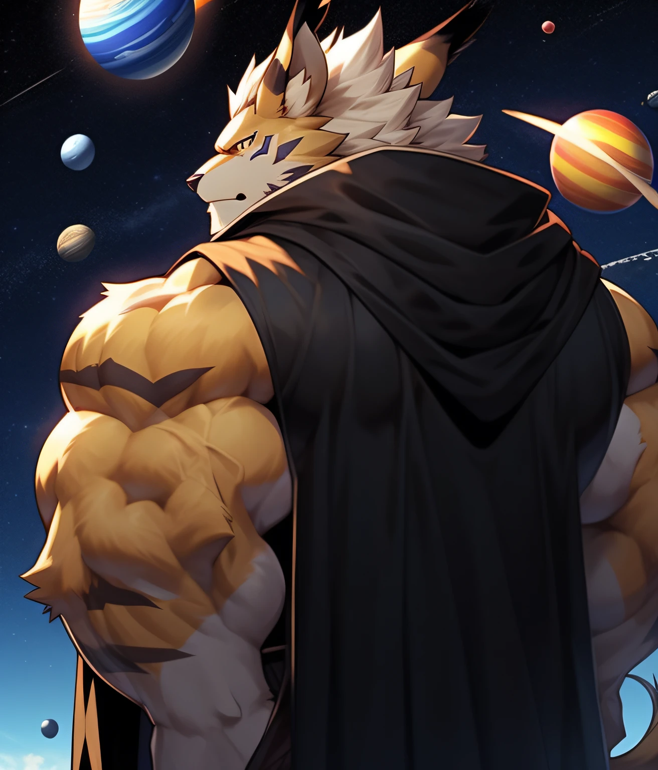 nj5furry, A Leomon, kemono, Body full of huge muscles in a black cloak and hood with his back against the background of stars and planets