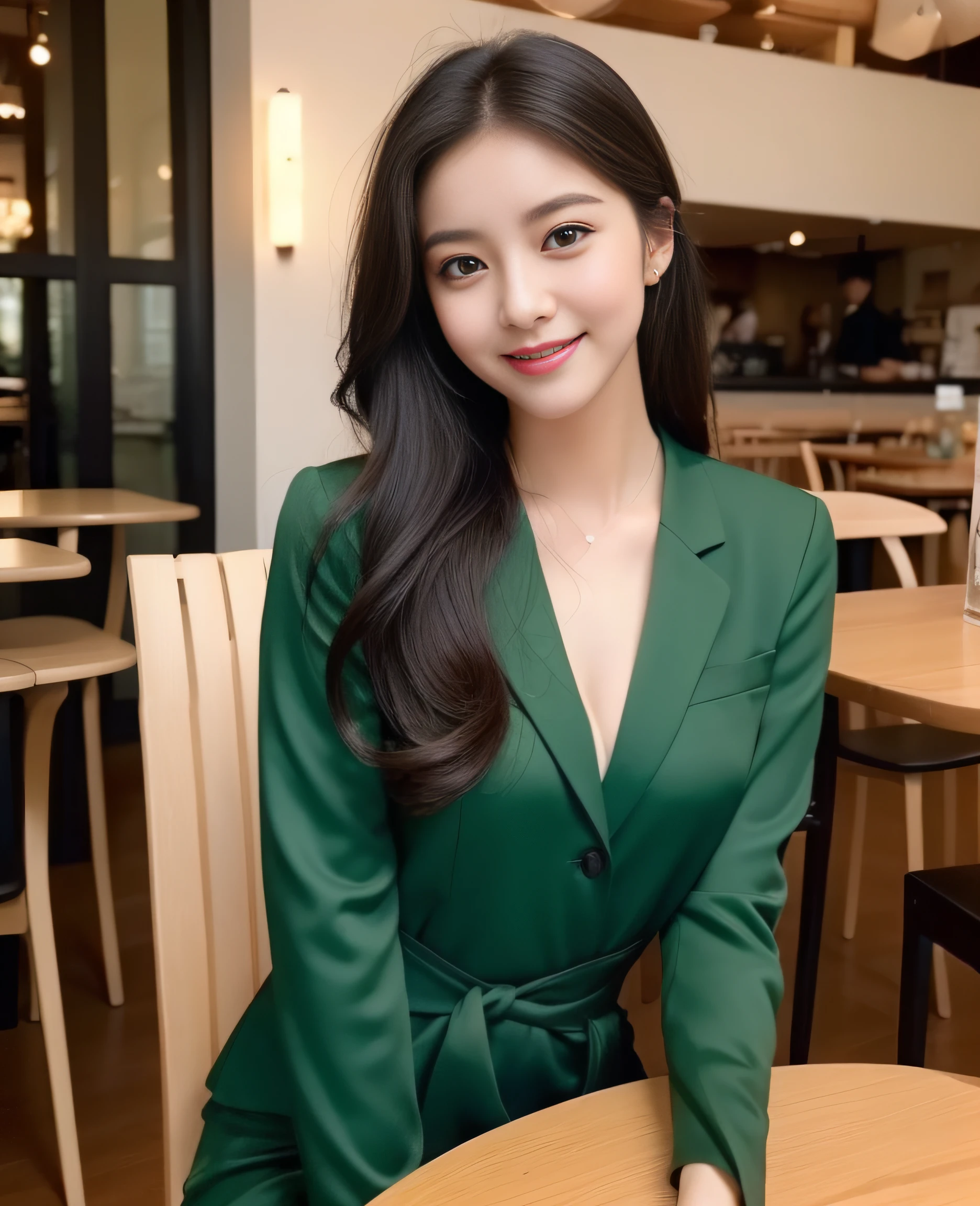 ((Top quality, 8K, Masterpiece: 1.3)), Beautiful girl, Pure, Melon face, Kind and cute, Sweet smile, Pure desire, Slender body, (Front), (Tilted head), ((Looking at camera)), wearing a green colored suit, black silky long hair, long flowing shoulders, round black big eyes, clear big eyes, moist red lips, sweet, sitting on a chair, cafe background ,(((waist shot))),,
