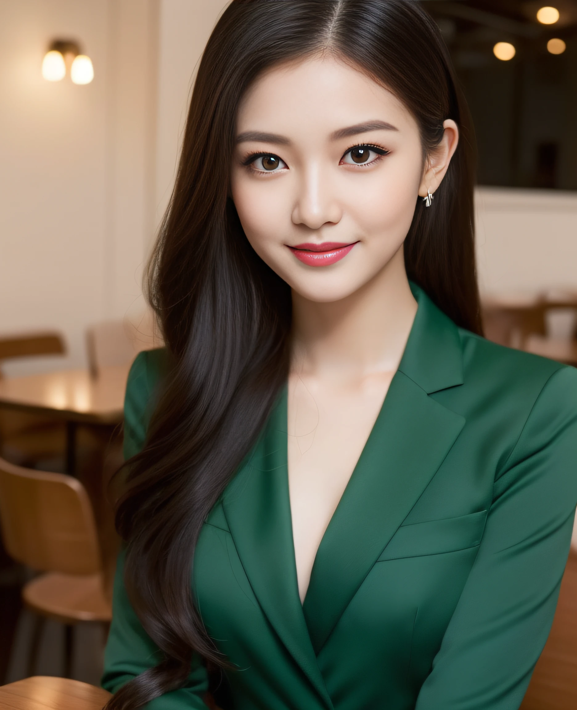 ((Top quality, 8K, Masterpiece: 1.3)), Beautiful girl, Pure, Melon face, Kind and cute, Sweet smile, Pure desire, Slender body, (Front), (Tilted head), ((Looking at camera)), wearing a green colored suit, black silky long hair, long flowing shoulders, round black big eyes, clear big eyes, moist red lips, sweet, sitting on a chair, cafe background ,(((waist shot))),,