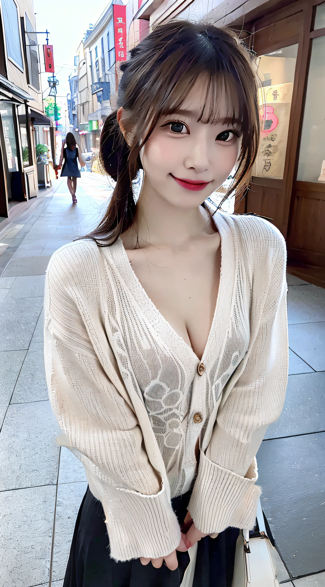 (masterpiece:1.3), (8K, Photorealsitic, Raw photography, Top image quality: 1.4), Japan high school girls、(Random hairstyles:1.2)、(small tits:1.3)、Super Detail Face、Eye of Detail、二重まぶた、foco nítido:1.2、prety woman:1.4、light brown hair、top-quality、masterpiece、超A high resolution、(Photorealsitic:1.4)、very detailed and professional lighting、slender、skinny thigh、Grinning smile:1.2、((Walk the streets of Korean street food))、Black Spoblar、Wearing a beige maxi-length cardigan:1.3、Wearing white shorts、Bare legged、Wear sandals、