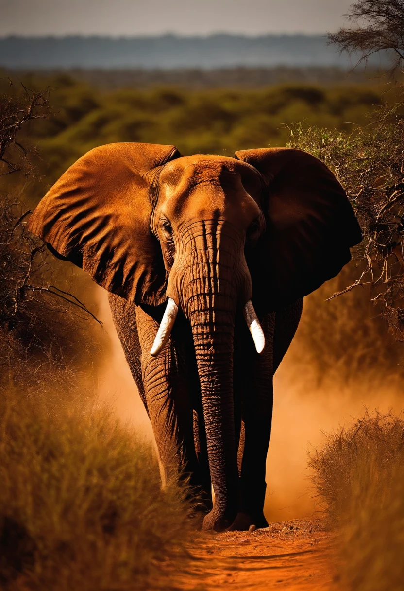 elephant in African savana hot weather, strong, backlight, tall trees