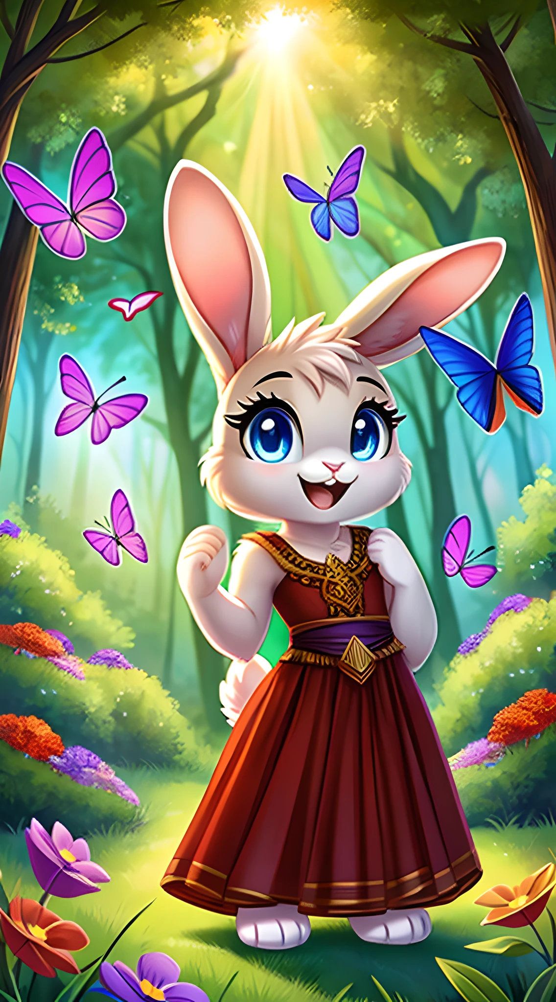 zoomed out image, fantasy style art, cute, adorable, short, tiny, little fluffy female white bunny with blue eyes, 2 extra ears, 4 ears, big floppy ears, long ears, ears perked up, raised ears, long eyelashes, poofy rabbit tail, smiling, standing on two hind feet, standing in a forest, wearing a red frilly dress, big expressive smile, open mouth, wide eyes, excited eyes, excited face, stunning visuals, sunlight coming through the trees, colorful flowers scattered in the bushes, colorful butterflies flying around, digital illustration