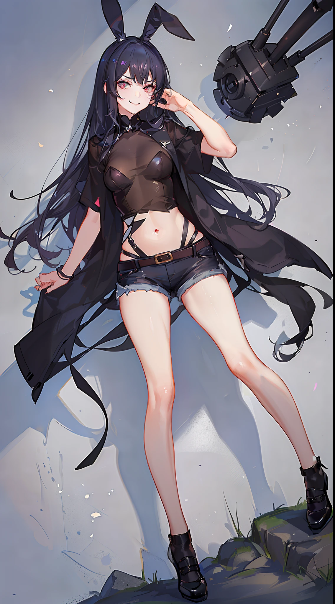 young girl, long dark blue hair, bunny ears, pink eyes, black lipstick, black eye shadow, smirk, tshirt, Short shorts, Masterpiece, hiquality, 4k, HD, Good detail