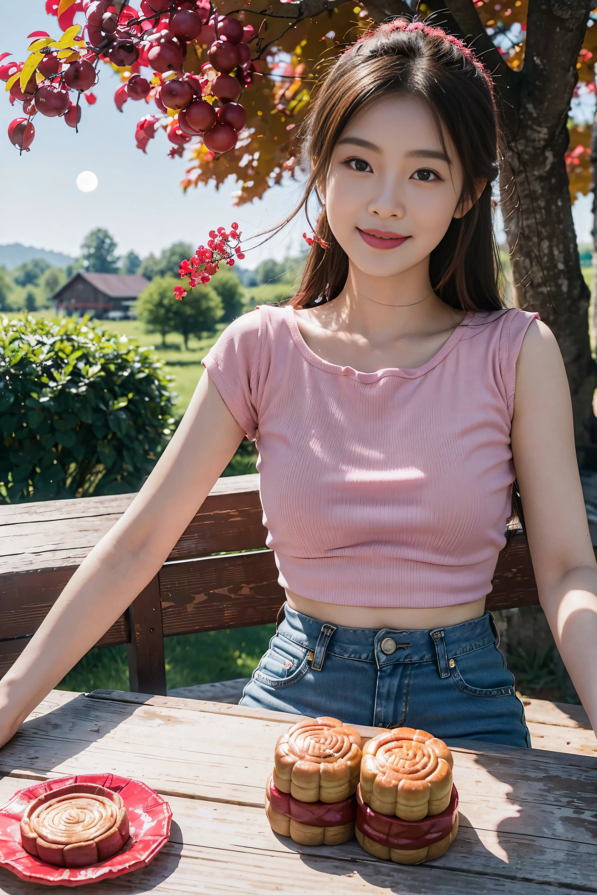 (Best quality, Complex details: 1.2,Realistic:1.2) ,A girl\(23 years old\),[Liu Yifei:0.9],(pink|red top bank:1.2),(Extra-short denim shorts)，(farmhouse:1.2),tree,Red leaves,autumn,bare braid,kind smile,siting,chinese moon cake on the table,(white skin:1.2),