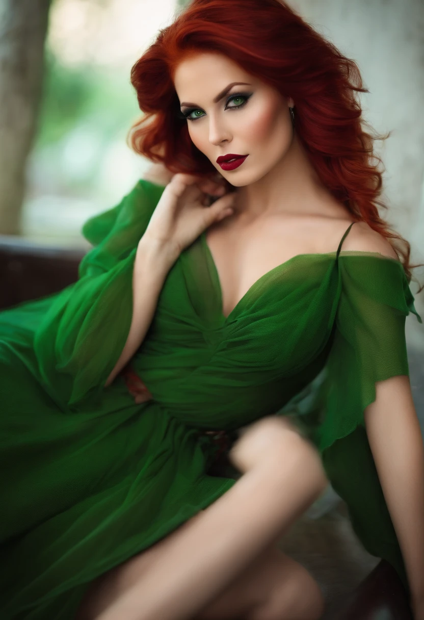 very pretty woman with cherry red hair and green beautiful eye's