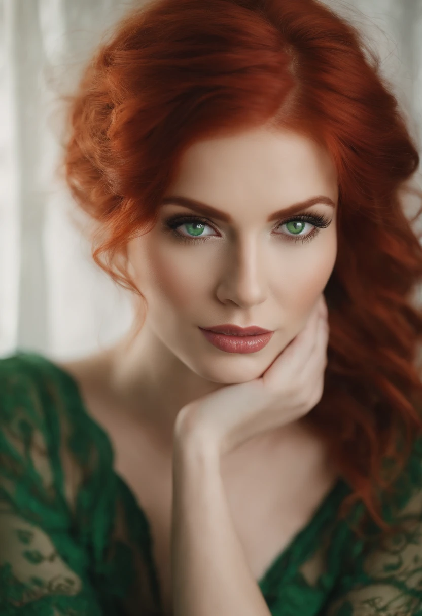 very pretty woman with cherry red hair and green beautiful eye's