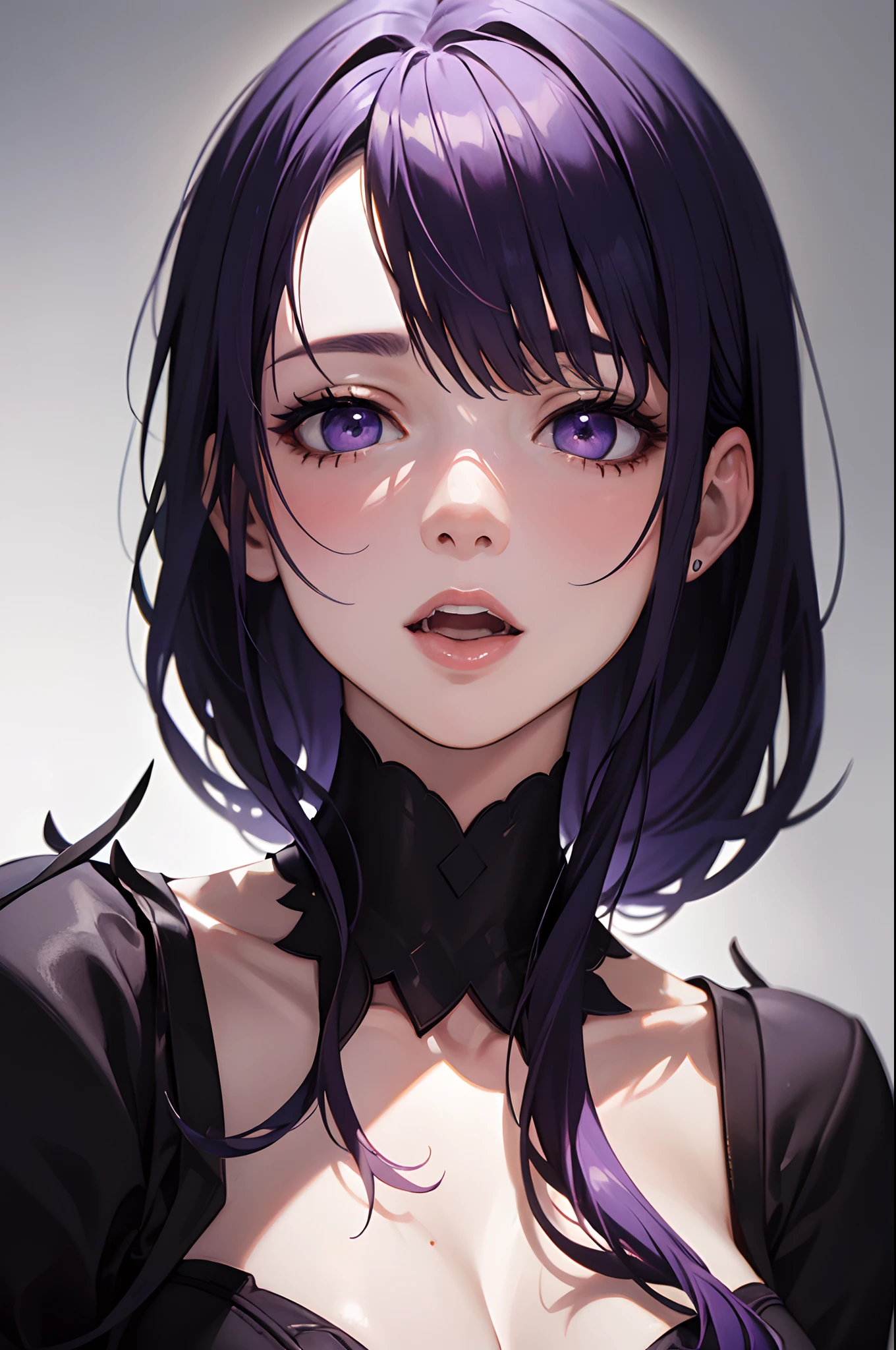 (((Masterpiece))), (portrait), feminine, purple hair, diffused light, dynamic shadows, sharp focus, realistic, detailed, highres, absurdres, white background, photorealistic, lifelike, ahegao, orgasm face, climaxing, orgasming,