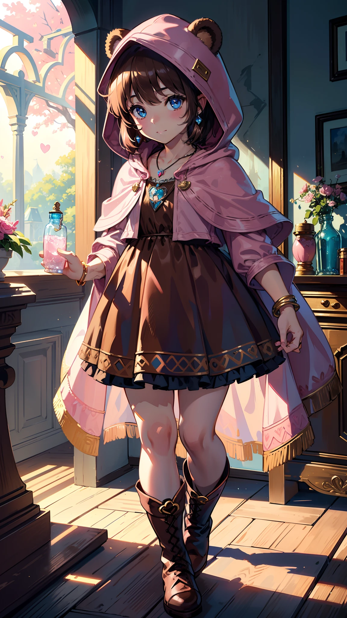 masterpiece, ultra detailed, 8K Portrait, Raw photo, a portrait photo of, Highly detailed face, beautiful and meticulous eyes, ((Fantasy)), 7 year old girl, Light brown short hair, Kind face, Cute smile, adventurer, (((Little bear child ear attached Hooded))) (((Pink-brown silk long-caped))) Fluttering in the wind, ((Leather boots)), (((pink Heart necklace))), one side blue earring, ((one side blue jewel bracelet)), Hold a Maple Syrup Bottle, Midday Sun, Hyper realistic, in a castle, Ambient lighting, Shadow details , strong breeze, Light fog