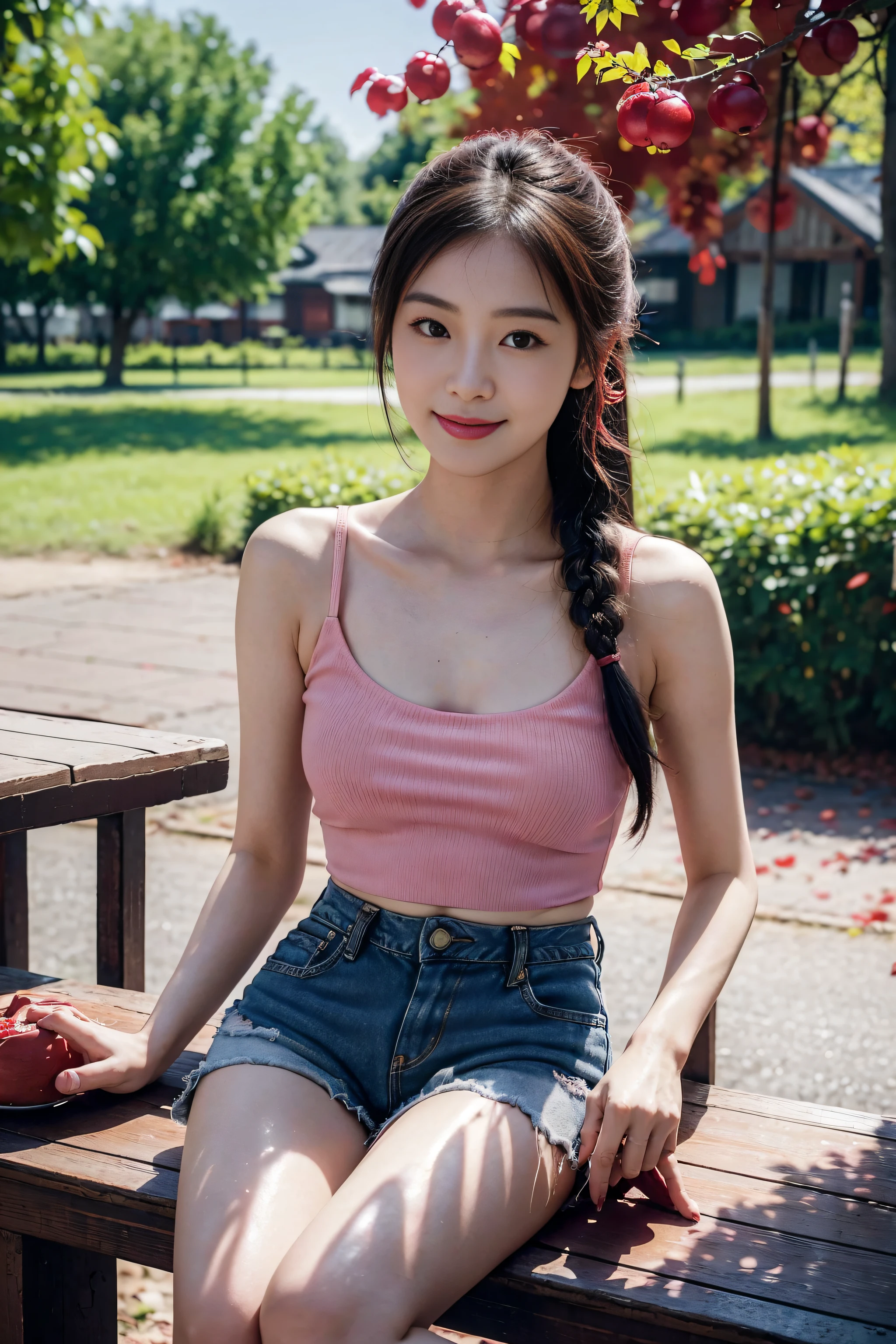 (Best quality, Complex details: 1.2,Realistic:1.2) ,A girl\(23 years old\),[Liu Yifei:0.9],(pink|red top bank:1.2),(Extra-short denim shorts)，(farmhouse:1.2),tree,Red leaves,autumn,bare braid,kind smile,siting,chinese moon cake on the table,(white skin:1.2),