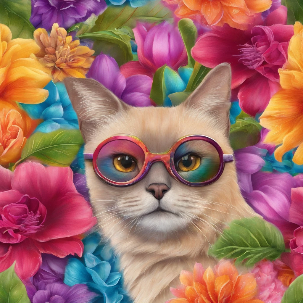 Spectacular Full body view of a super adorable and captivating rainbow colored fluffy bold flowery hipster Burmese cat surfing a wave in vibrant collage fashion, modeling retro flair against a polychromatic dreamscape. Posing with diamond ukulele, Textured fur, photorealistic 8K resolution, sharp focus, ultra quality, UHD, crystal clear, ((breathtakingly enchanting)), experimenting with bright colors, patterns, and textures, collage art, magazine cutouts, wearing Rose, Tulip, Orchids, Dahlia, Cherry blossom, Protea, Passion Flower, Anemone, Peony, Lily, Chrysanthemums, Lotus, Apple blossom, Lilac, Marigold, Gladioli and Daffodils and precious gemstones - rubies, sapphires and emeralds of bright colors on its head and neck, rainbow colored fluffy Burmese cat with headphones on its head, ((in bottom view)), dynamic extra long curly fur, glowing flowing curly fur, smiling face, big eyelashes, happy face, detailed features, vibing to music, cutest Burmese cat, in the clouds of vibrant colors, rainbow smoke trails, sweat drops, eye level, intricate details, warm colours, modeling photography, ((hyperrealistic)), wearing extraordinary extravagant fancy sunglasses, full body photography, beautiful joyful kind eyes of vibrant colors, tender playful look, black and golden suit, soft skin, dynamic posture, soft light, film texture, virtual engine, advanced detail processing, ultra realistic 8k, styles for printing, cinematic lighting, high contrast, glowing highlights, photorealistic,a background of outer space with stars and planets, comedy art,realistic style, high resolution, 3D render, highly detailed,intricate details, sharp focus,8K, ultra quality,UHD, crystal clear, ((stunningly beautiful)), extremely detailed,highly detailed skin, cinematic lighting,wide angle, photorealistic,beautiful shot, HDR,sharp focus, 64 megapixels,perfect composition, cinematic,atmospheric, high contrast,colorful polychromatic,Overall change to log, CGSociety,–ar 1:1 --c 15 --s 765 --q 2 --v 4