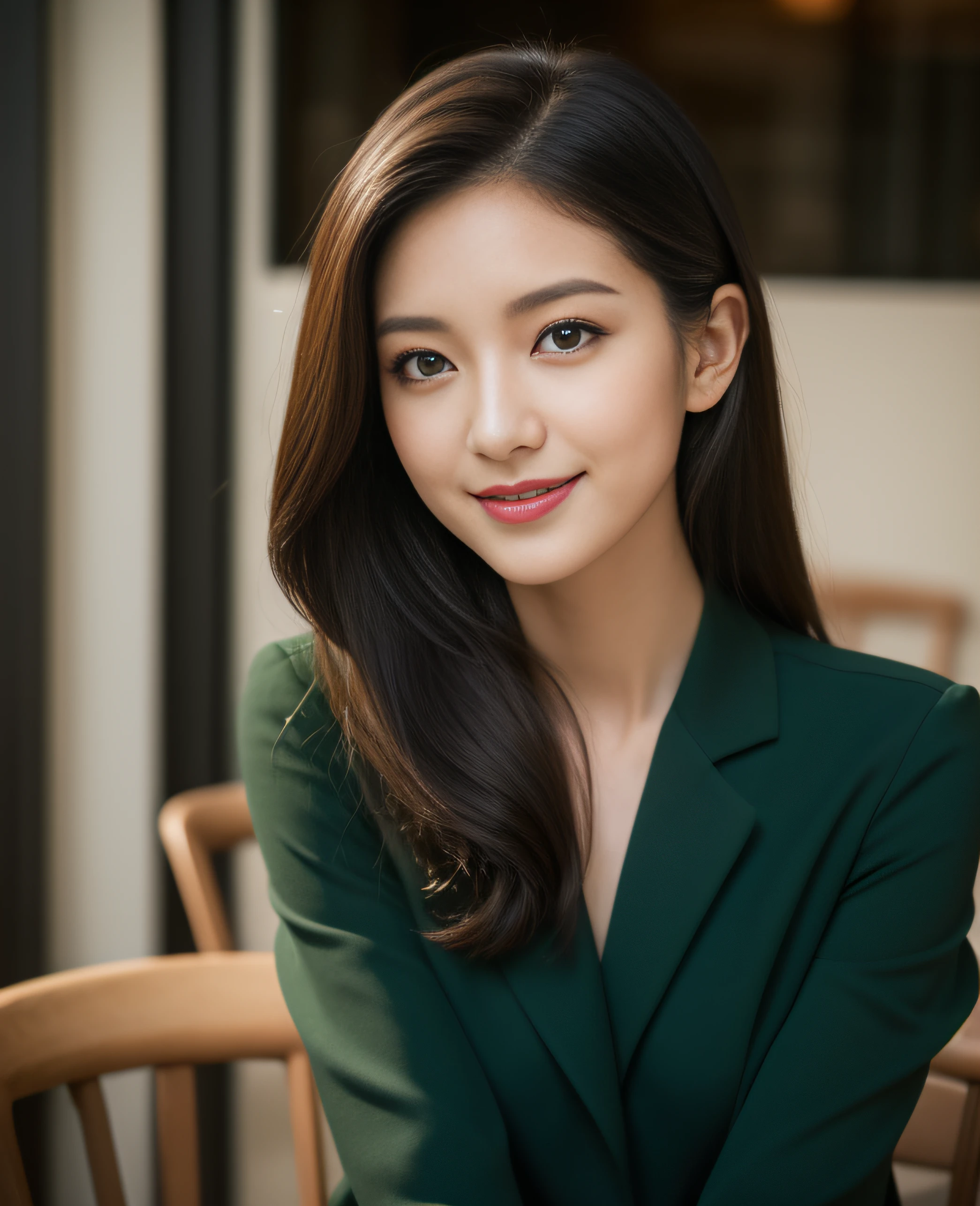 ((Top quality, 8K, Masterpiece: 1.3)), Beautiful girl, Pure, Melon face, Kind and cute, Sweet smile, Pure desire, Slender body, (Front), (Tilted head), ((Looking at camera)), wearing a dark green colored suit, black silky long hair, long flowing shoulders, round black big eyes, clear big eyes, moist red lips, sweet, sitting on a chair, cafe background ,(((bust shot))),,