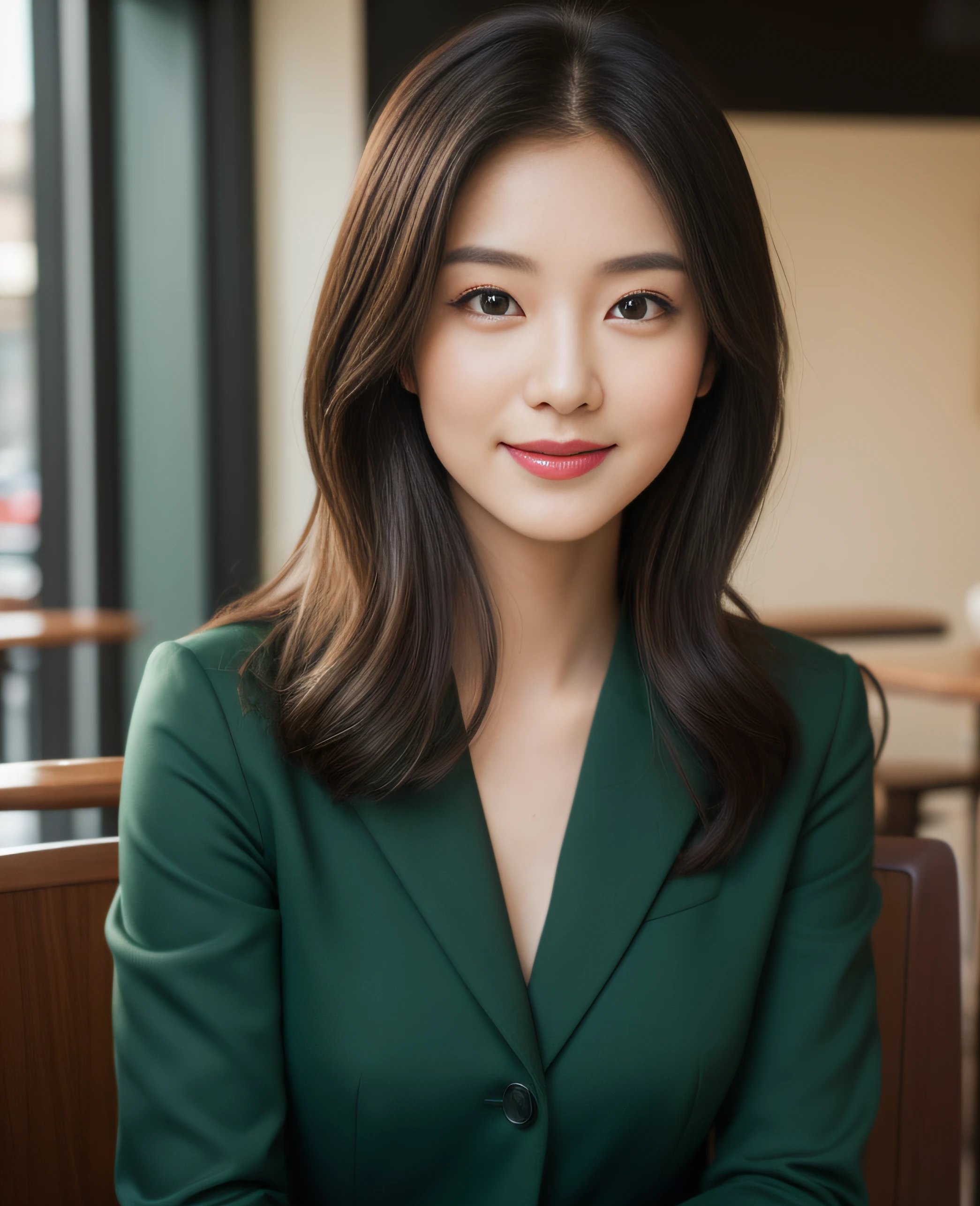 ((best quality, 8K, masterpiece: 1.3)), beautiful girl, pure, melon face, kind and cute, sweet smile, pure desire, slender body, (front), (tilted head), ((looking at camera) ), wearing a green suit, black silky medium hair, long flowing shoulders, round black big eyes, clear big eyes, moist red lips, sweet, sitting in a cafe, cafe background , (((whole body))),