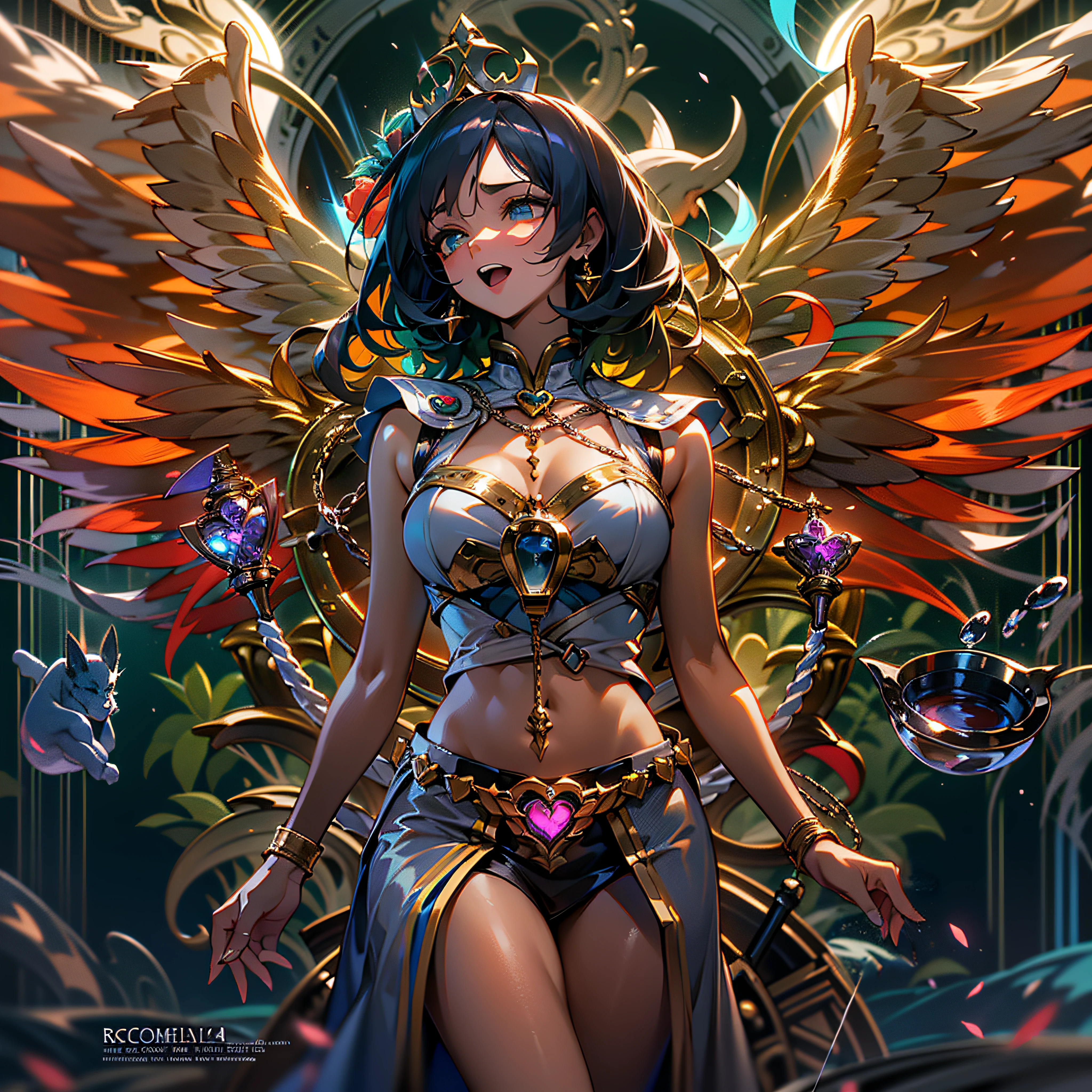 (((Masterpiece, Best quality: 1.2), A girl with phoenix wings standing in a ring of fire, Beautiful and symmetrical face, with bright red eyes, phoenix, Lotus flowers, red rose gold, gold mini underwear , Sunrise from the mountain in the background, Old porcelain buildings))