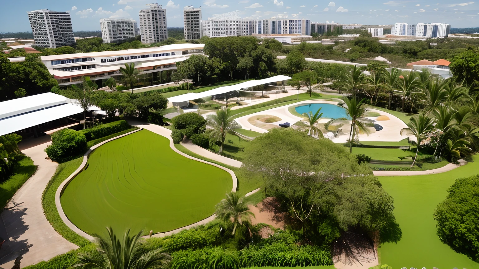 RAW photo, real, best quality, land area 1 hectarem, a green park accounting for 20%, Tropical architecture, 1-storey building, The overall perspective of the complex includes showroom, restaurants, There is a large paved courtyard, a small outdoor parking lot and car parked outside, Surrounded by rice fields, scale, very very very high details, beautiful skylight, real sky