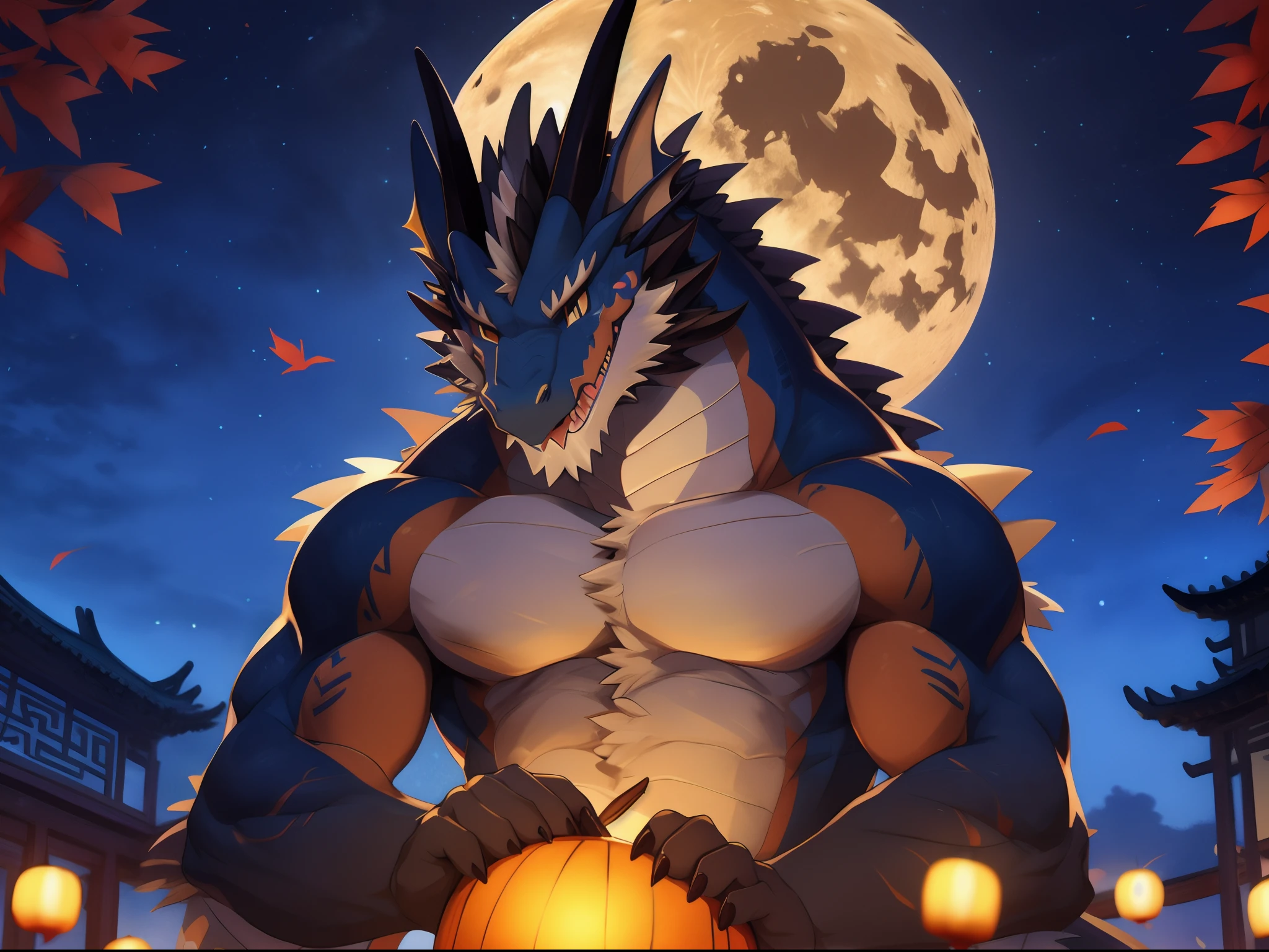 concept art, anthro dragon, Chinese dragon, eastern dragon, furry, mid-autumn festival, full moon, happiness, traditional, night, handsome, masterpiece, hi-res, 8k, detailed scene, wide-angle lens, nj5furry