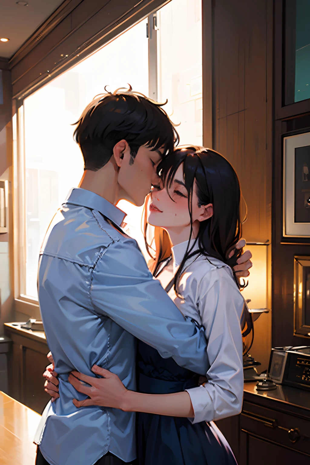 woman kissing man, another man behind her hugging her, three people, background indoors, sunlight from window