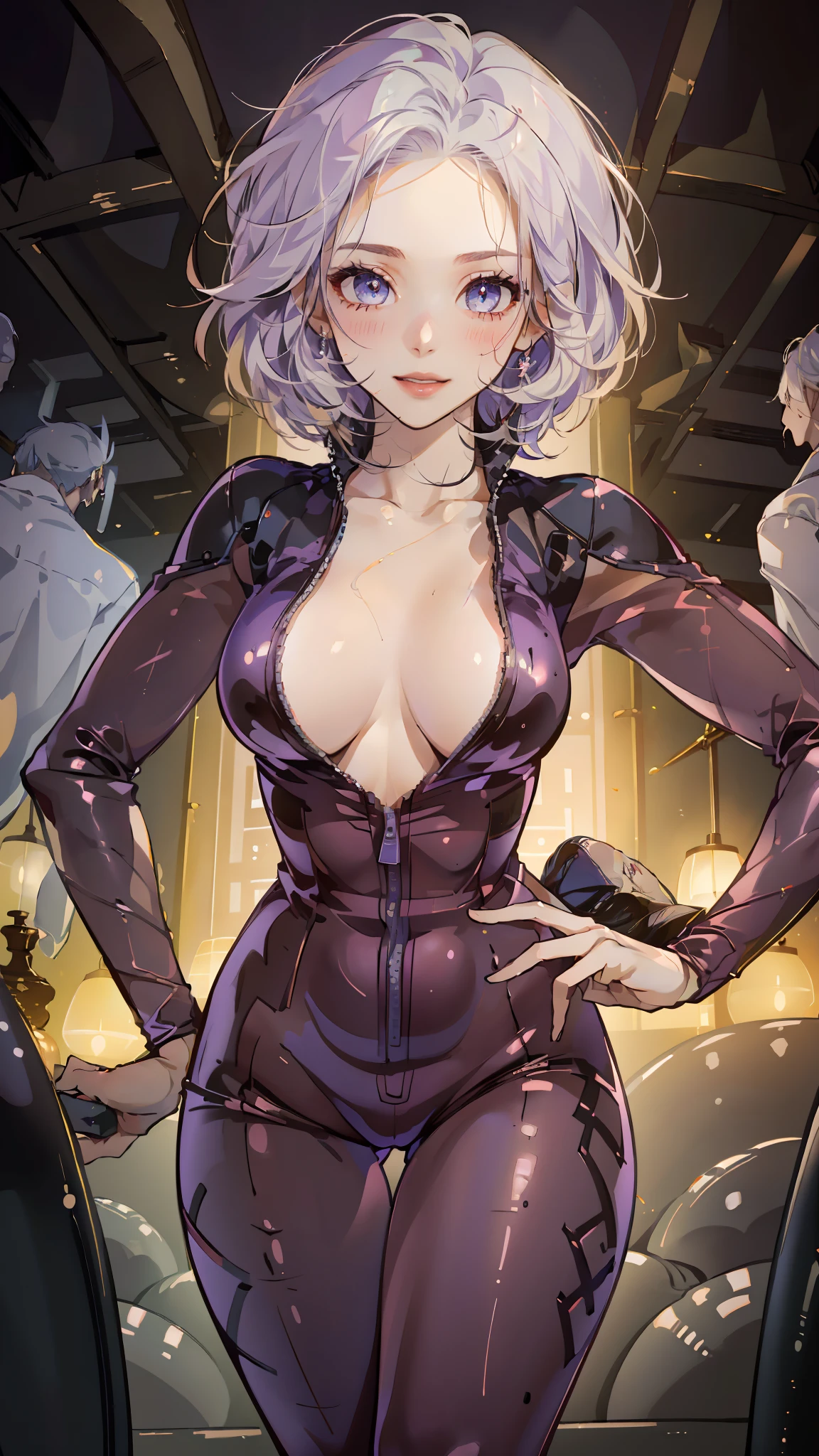 ((((masterpiece, best quality, high resolution)))), (1girl:1.5), white hair, short wavy hair, bob cut, purple eyes, (large breasts: 1.2), blushing, light smile, parted lips, glow, thighs, bare shoulders, collarbone, narrow waist, cleavage, (beautiful detailed face, beautiful detailed eyes), long slender thighs, perfect eyes, looking at the viewer, seductive looks, seductive pose, cowboy shot, (latex bikesuit, full-length zipper, open clothes, open chest)