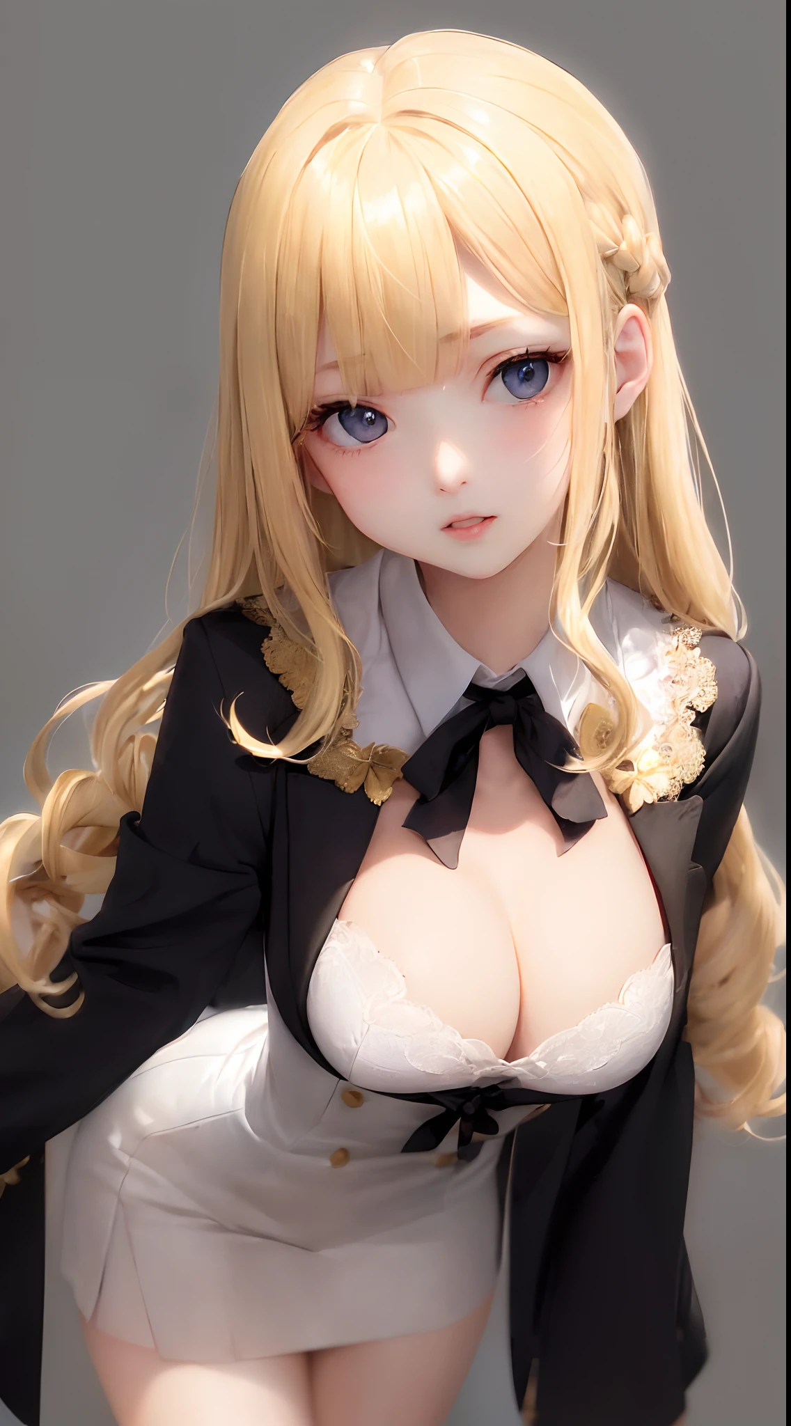 (((a blond、Portrait、looking in camera)))、[monochromes:Subdued Color:2.6] theme, (masutepiece), (Best Quality), , Light Layer, Lustrous skin, (intricate-detail , taut clothes, ),  Kim Hair, hime-cut, Blunt bangs、Blue eyes、 30s、(maturefemale)、((student clothes、blazers、a miniskirt、curlyhair、Beautiful breasts))、symmetry、Thick lip、Lustrous lips、Tall lady、Standing Pose、white backgrounid、simple background、Single-color background、femele１a person、