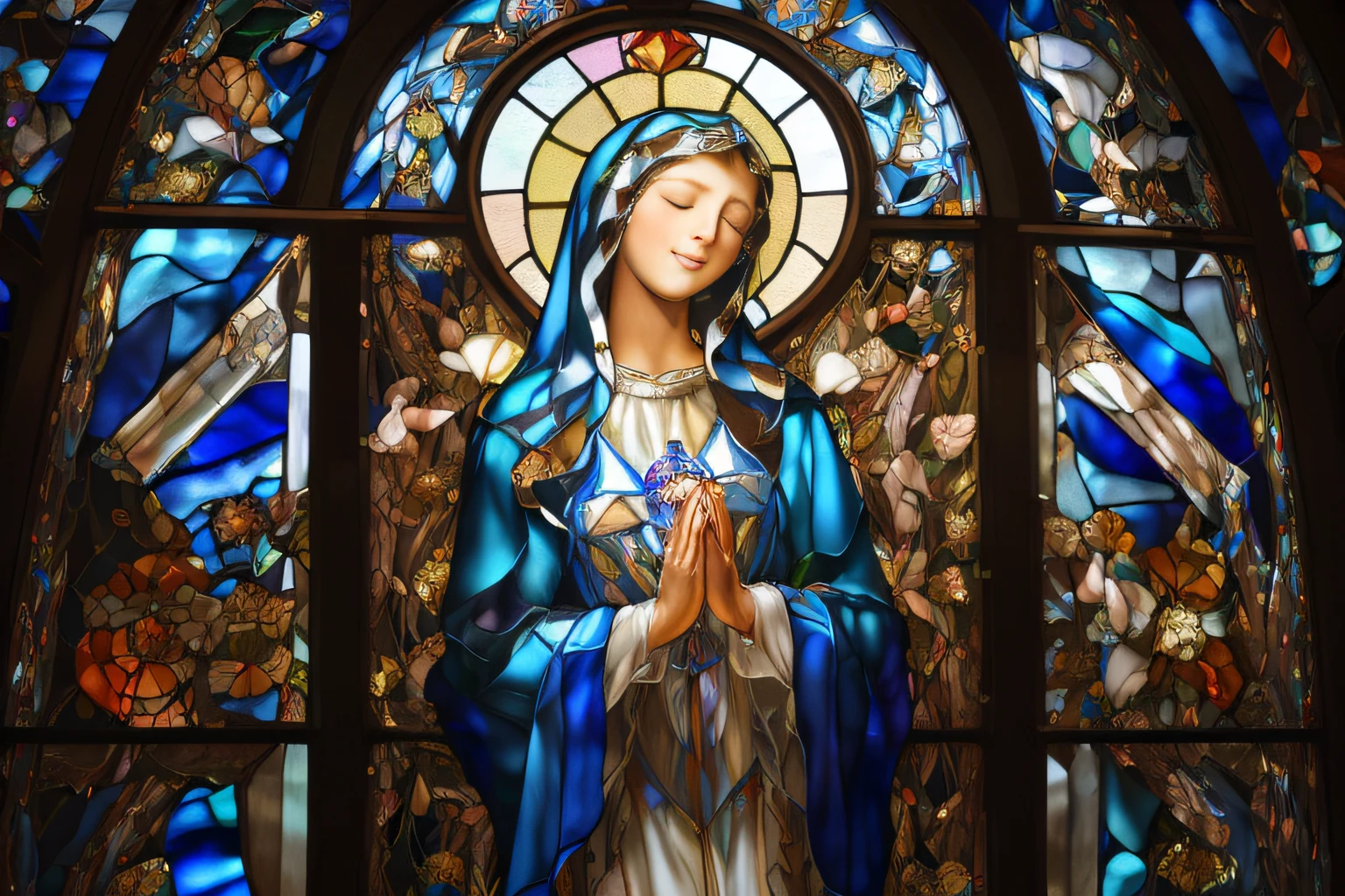 Super high-definition, incredibly detailed, beautiful, 8K graphics, {{stained glass art}}, {{full-body shot}}, art, Stained glass art or illustration of the Virgin Mary, pure, Mary, woman, beautiful, gently smiling with her eyes closed and slightly inclined, {{full-body shot}}, life-sized.