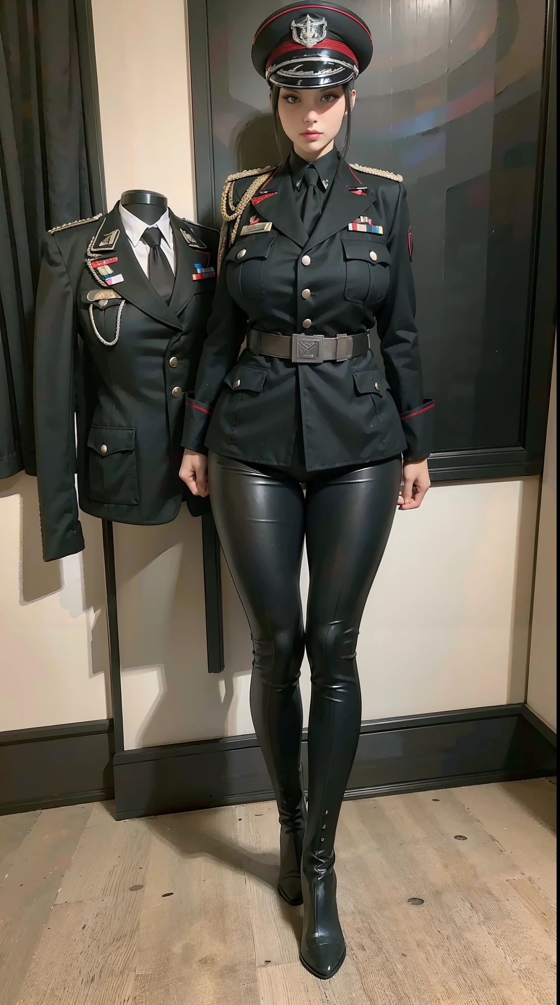 physically-based rendering, 1girl, Female soldier, (huge fake breasts:1.2), sexy muscular body, slim waist, big buttocks, (Full body:1.5), skintight army suit, black military uniform.