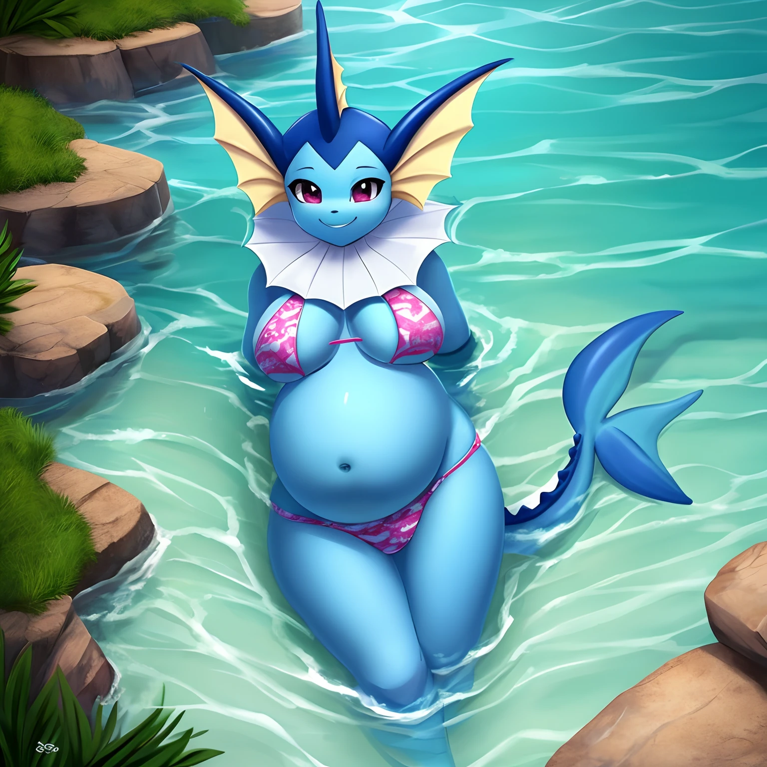 obra maestra, best_quality, 1girl, solo, vaporeon, pokemon \(criatura\), ojos azules, bikini rojo, al aire libre, en un lago, medio dia, sonrisa, manos en la cadera, embarazada, senos femeninos, senos medianos, cuerpo mojado, nadando, flotando en el agua, vista desde arriba, aerial view, vaporeon tail, mirada picara, barriga de embarazada, chubby, brazos extendidos, parcialmente sumergido.