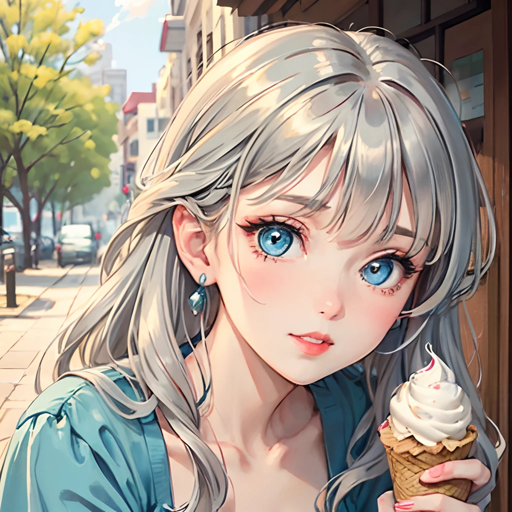 Close-up of a person holding an ice cream cone, Sweet girl, Wavy silver-haired woman, Bangs, Light blue eyes, Red lips, Gentle green dress,