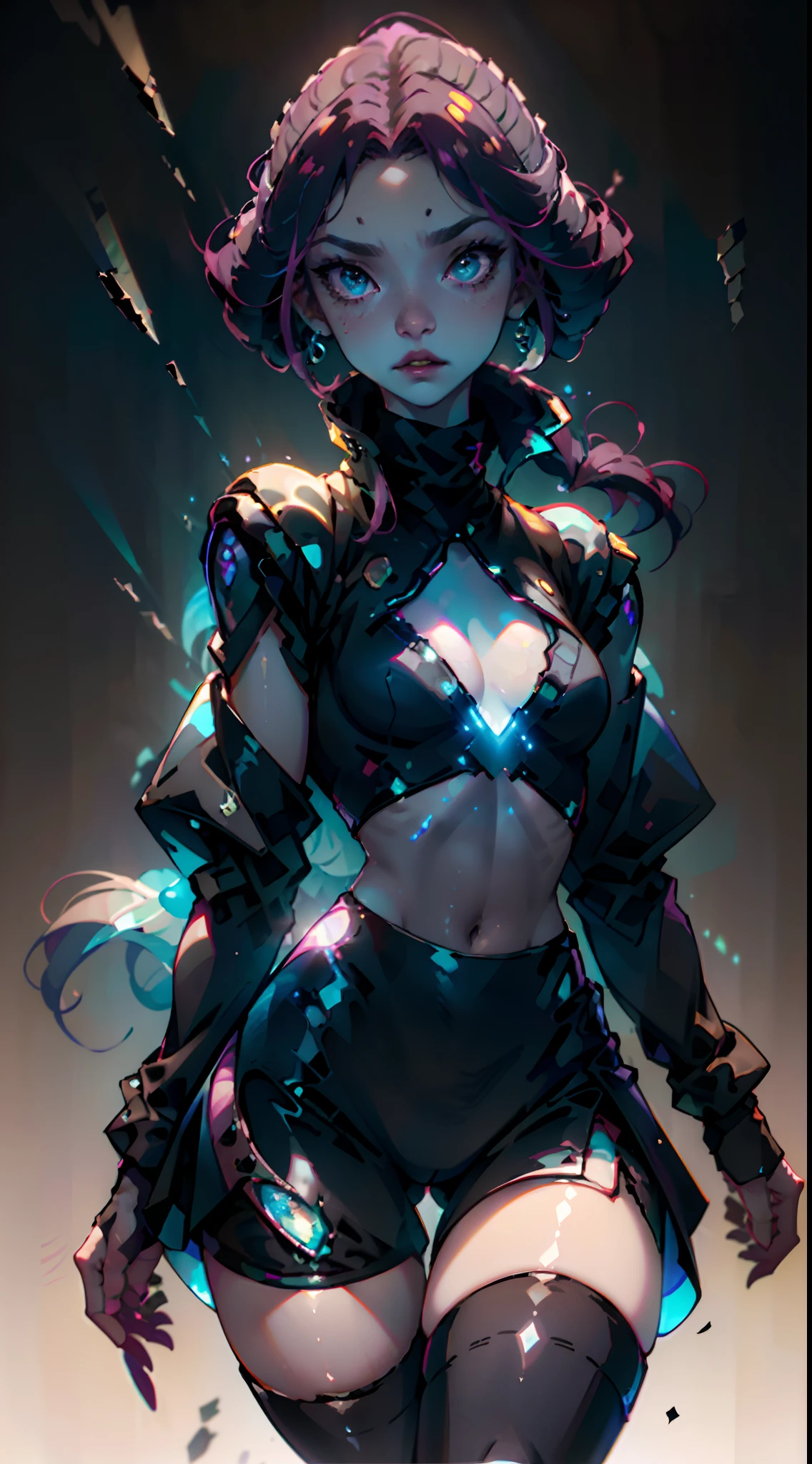 Solo, 1 Doll organism female body, best qualityer, beautiful light up, profesional lighting, photon maping, Radio Siddard, The physical rendering is based on Nanazuna。, 1 female humanoid, rim, black black jacket, Black shirt, Black shorts, blue color eyes, Diamond stripes, Breasts, Neckline cut, Hollow out clothing, Crop top, cel shadow, Dam, Gradient hair, whaite hair, Hair rings, jaket, light violet hair, looking at viewert, putting makeup on, multicolored hair, nabel, with her mouth open, red shadow, Camisa, Shorts, Sleeveless, sleeveless turtleneck, sleeveless turtleneck, little breast, Solo, stomach, High laryngeal, Turtleneck sweater harvest top, two tone color hair, Vampires, photo RAW, 8K UHD, Film Particle, ((Very strong backlight, llight rays, Take the keys))), Close up