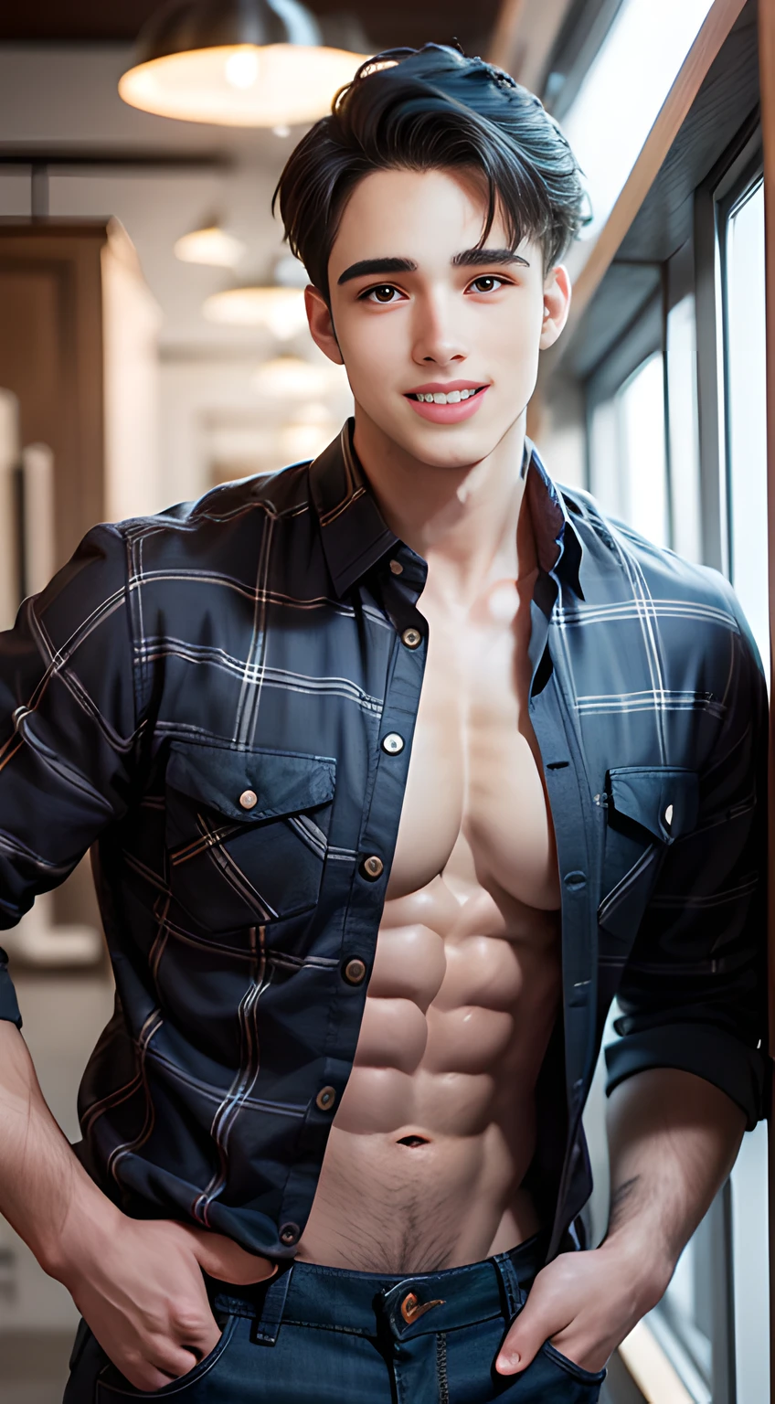 handsome man in his 20s, Pietro Boselli, smile, blue hair,