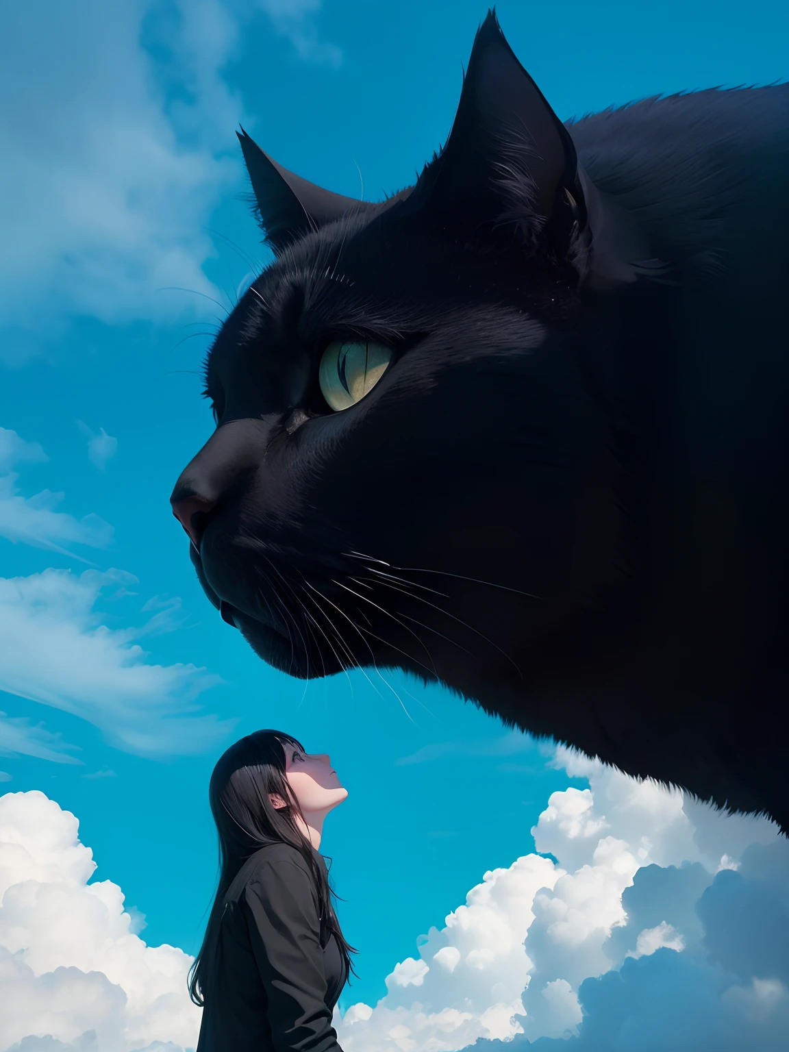 One 30 foot tall giant black house cat sitting, its eyes filled with love as it looks down at its female human owner, the sky a deep blue-black with from the background. full body of cat looking down at it's female human owner.
