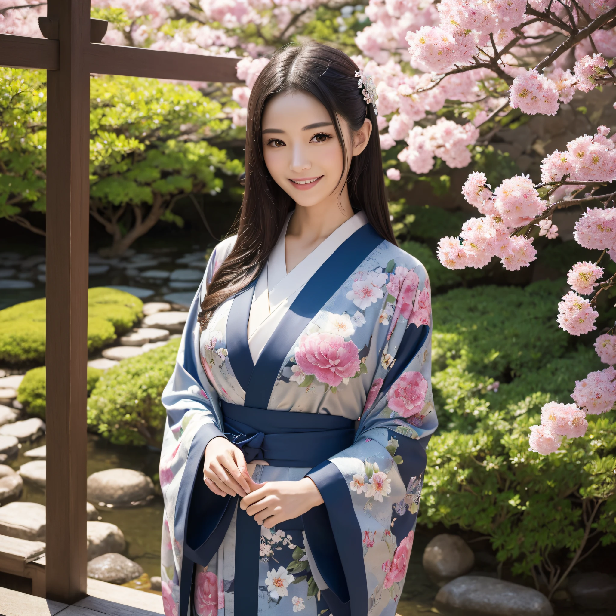 first person perspective, (masterpiece:1.3), High resolution, Super detailed, Highly detailed CG Unity 8K wallpaper, realistic, photo-realistic, RAW photo, (((cherry blossom pattern kimono,floral scrunchie))),beautiful detailed face, white skin japanese woman、20 year old female、realistic目、F Cup Big、beautiful and fine eyes、(real skin: 1.3)、cute smile、medium long hair、beautiful skin、, fine cloth texture, detailed hair texture, perfect body, beautiful face, Accurate, anatomically correct, Highly detailed face and skin texture, natural neck length, (beautiful hands), (Fair skin:1.2), aligned teeth, beautiful skin, Arrange your hands elegantly,The faintly smiling country of Japan,Japanese garden,luxury Japanese room,