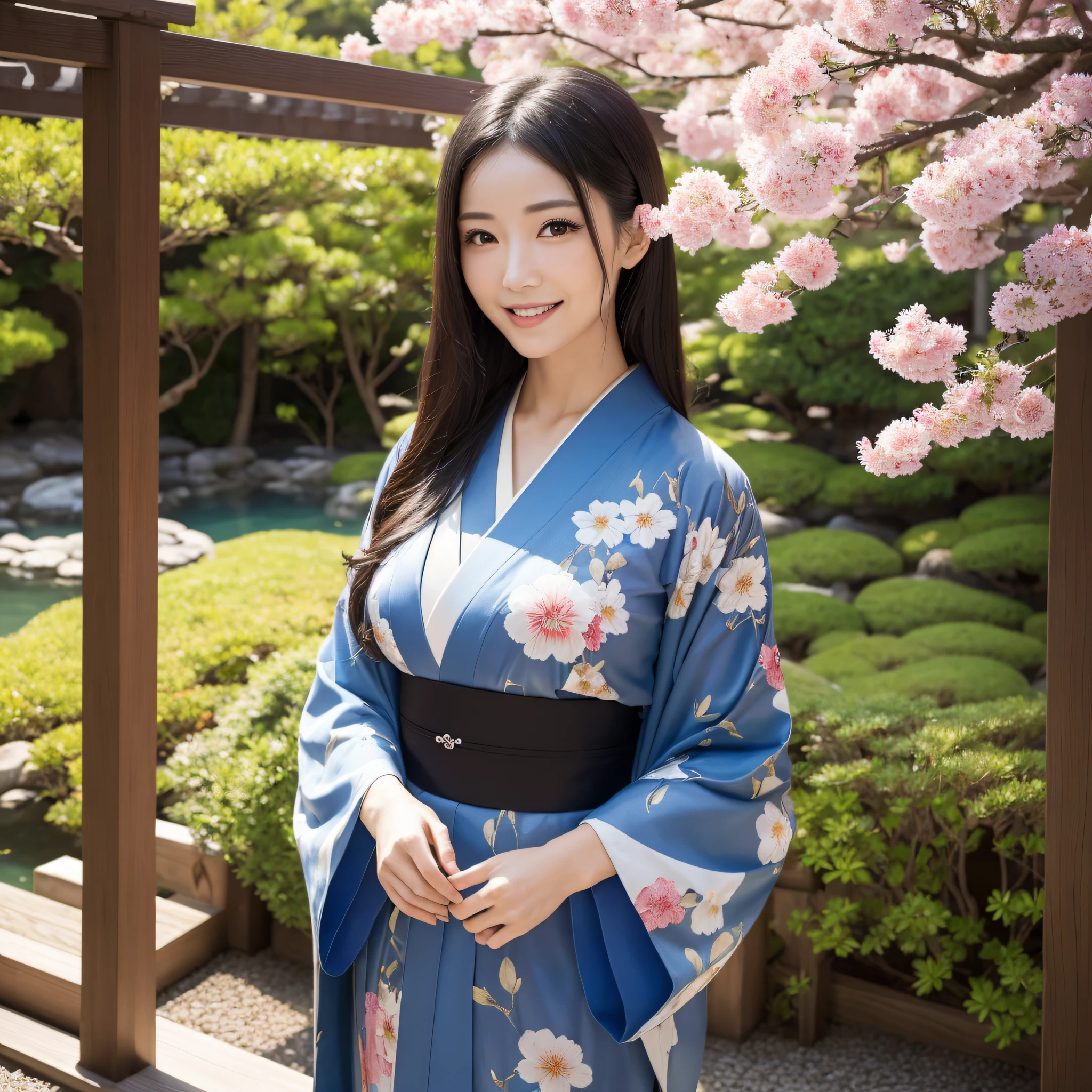 (Woman in Kimono)、((best qualtiy、8k masterpieces:1.3))、foco nítido:1.2、(ultra beautiful faces:1.0)、(shinny skin:1.0)、photos realistic、A dark-haired、Video Lighting、High-definition eyes and face、Video Lighting、Japanese actressl、from the front side、medium breasts、With a happy smile、Slender Abs Beauty、Whole body、wearing kimonos、in japanese garden
