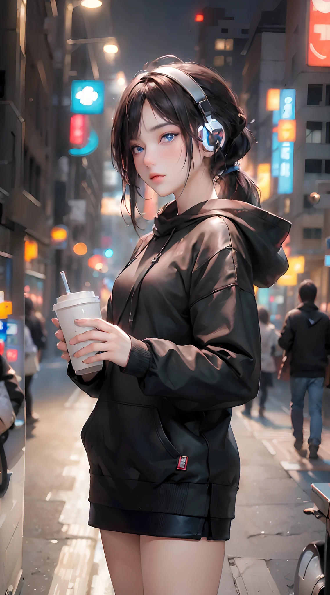 ((top-quality)), (((masterpiece)), (detaileds: 1.4), 3D, Beautiful Cyberpunk Woman Image, bob cuts, Broken black tights, leather clothes, Electromechanical, nffsw(HighDynamicRange), Ray traching, NVIDIA RTX, Hyper-Resolution, Unreal 5, Sub-surface scattering, PBR Texture, Postprocess, Anisotropy Filtering, depth of fields, Maximum sharpness and acutance, Multilayer Texture, Albedo and Highlight Maps, Surface Coloring, Accurate simulation of light-material interactions, perfectly proportions、octane renderings、two tone lighting、Large aperture、Low ISO、White Balance、thirds rule、8K Raw、masterpiece、top-quality、(8k extremely detailed CG unit wallpaper)(top-quality)、(The best illustrations)、(Best Shadows), blue eyes, body swimsuit, ponytail, sweater, headphone