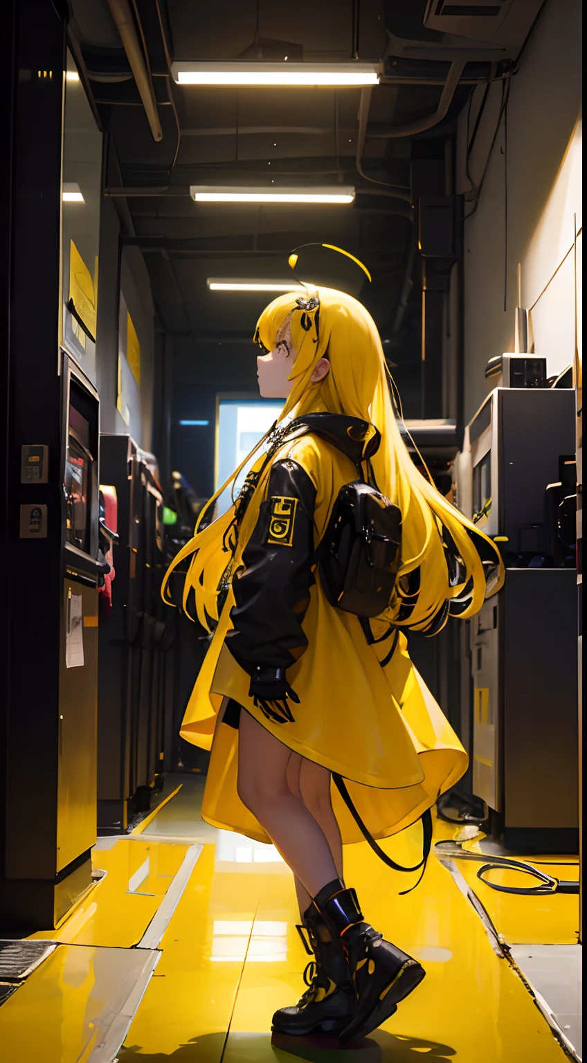 girl wearing yellow cyberpunk dress , half futuristic, mixed of big ladybug spot, long tied blond hair