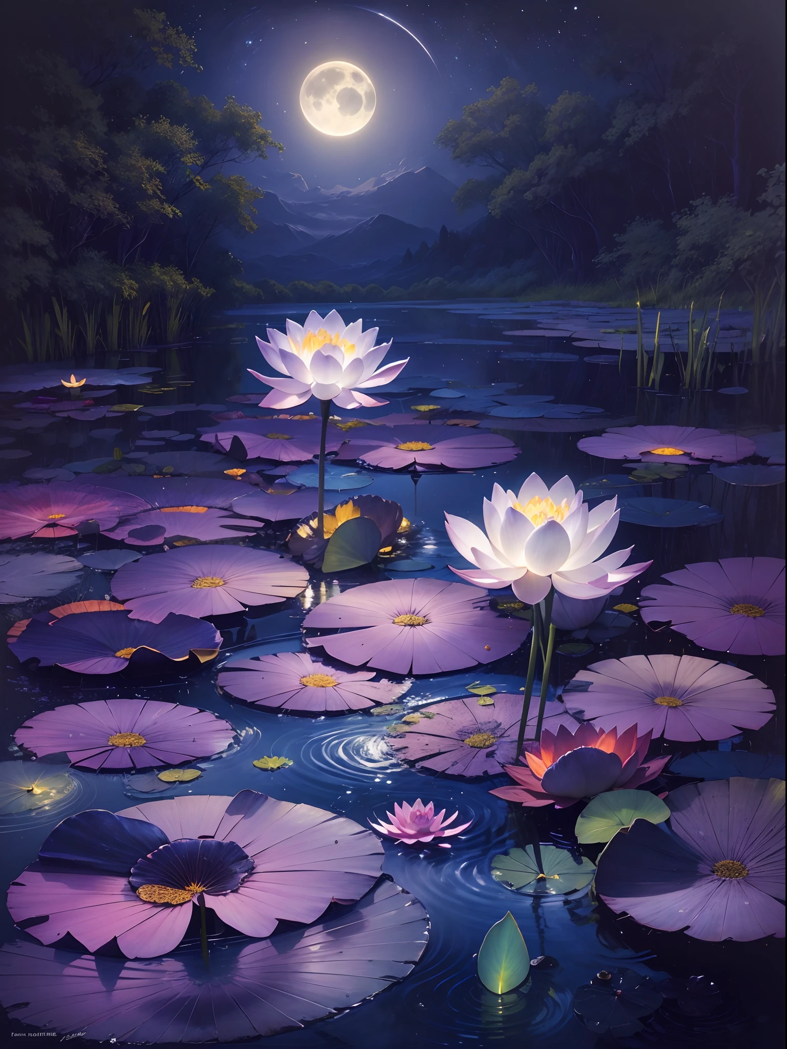 (Best quality,4K,8K,A high resolution,Masterpiece:1.2),Ultra-detailed,Realistic,Beautiful moonlight lotus pond,Peaceful atmosphere,Reflections on the tranquil water,Lush green lotus leaves,Fragrant blooming lotus flowers,Detailed water ripples,Silhouette of a lotus grower,Gentle evening breeze,tranquil ambiance,Soft moonlight illuminated the scene,The subtle play of light and shadow,Harmonious colors of midnight blue and silver,Impressionist painting style,Tranquil natural beauty,Poetic and nostalgic,romantic setting,The beauty of tranquility in the moonlight,Ethereal and dreamy,Delicate petals catch moonlight,Calm and graceful,Lotus flowers bloom.