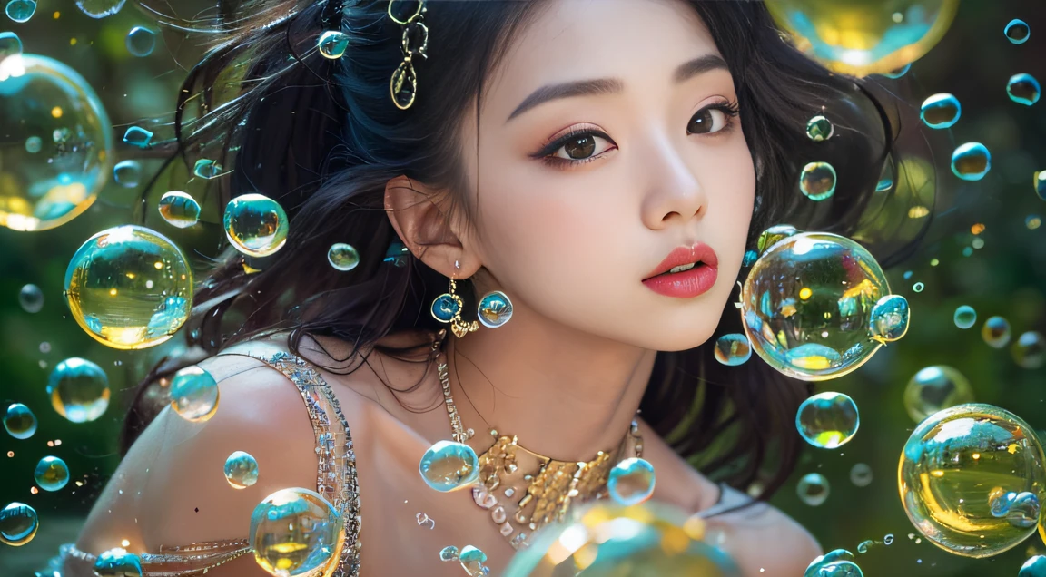 32K（tmasterpiece，k hd，hyper HD，32K）Ball-tipped curls，Flowing bubbles，ponds，zydink， a color，  Asian people （water sphere）The background is pure， A high resolution， the detail， RAW photogr， Sharp Re， Nikon D850 Film Stock Photo by Jefferies Lee 4 Kodak Portra 400 Camera F1.6 shots, Rich colors, ultra-realistic vivid textures, Dramatic lighting, Unreal Engine Art Station Trend, cinestir 800，Large roll bubbles，Flowing bubbles